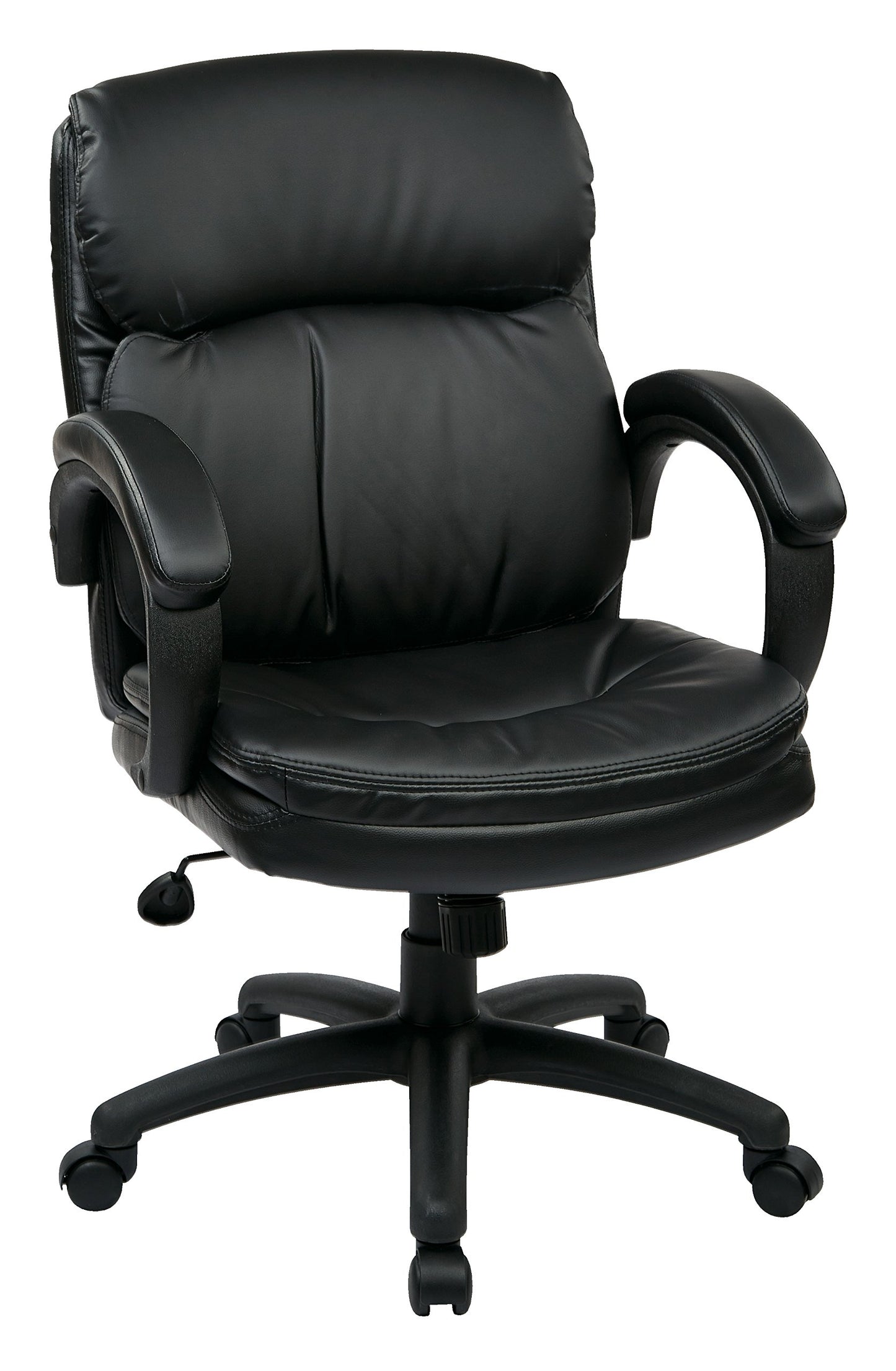 Office Star EC Series Executive Bonded Leather Mid Back Adjustable Office Chair with Thick Padded Contour Seat and Padded C Armrests, Black