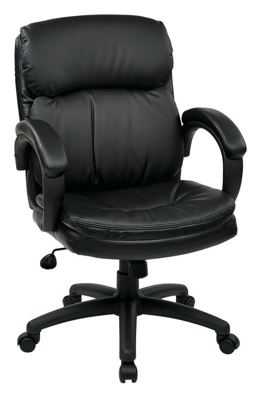 Office Star EC Series Executive Bonded Leather Mid Back Adjustable Office Chair with Thick Padded Contour Seat and Padded C Armrests, Black
