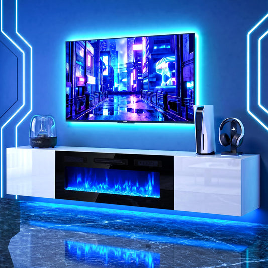OneBlis 70" Floating TV Stand, Wall-Mounted Entertainment Center with 36" Electric Fireplace, Fits TVs Up to 80 Inches, Media Console with LED Lights for Living Room, White+Black