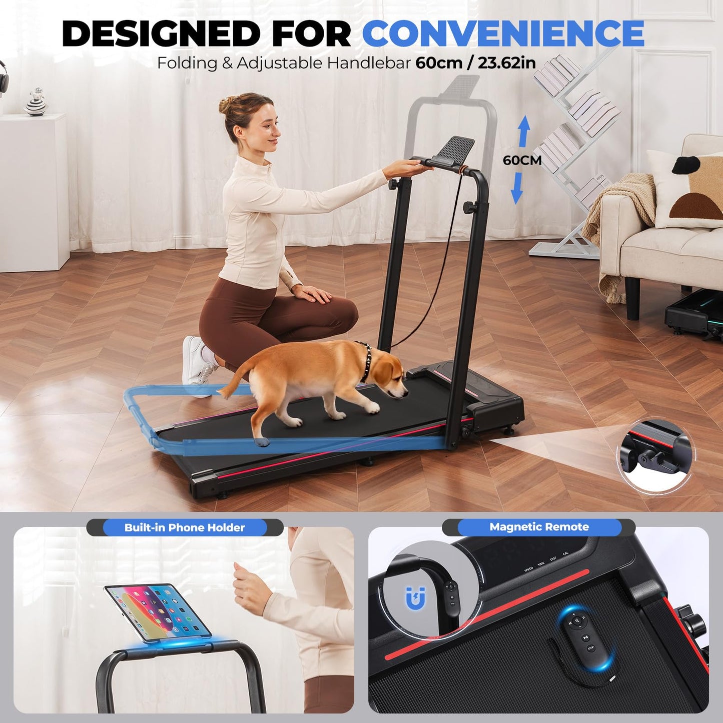 Gorise Walking Pad with Incline & Height-Adjustable Handlebar, 5-in-1 Foldable Treadmill for Home & Office, Portable Under Desk Treadmill 350LB with Remote Control LED Display Red