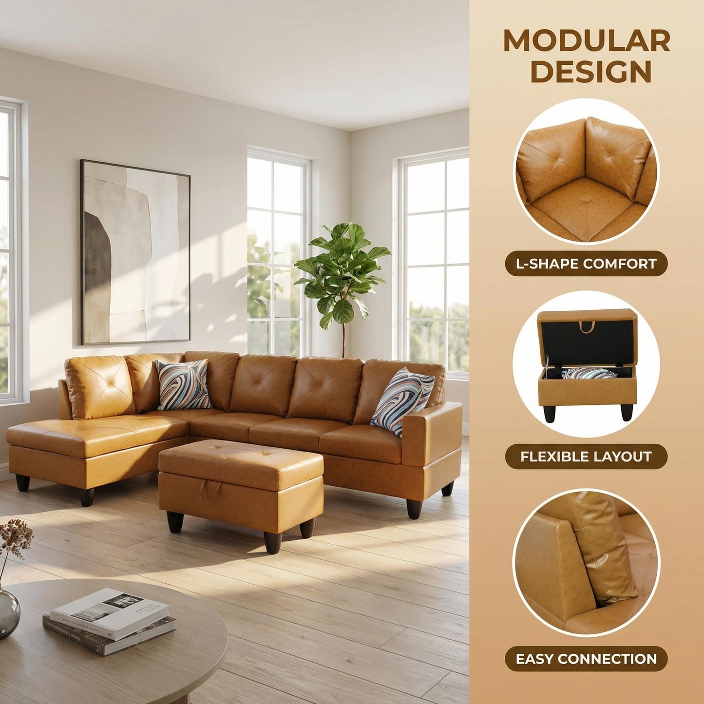 Trygoal 3-Piece L-Shaped Modular Leather Sofa – Convertible Sectional Couch with Movable Chaise & Storage Ottoman, Multi-Scene Use for Living Room, Apartment & Office, Ginger Yellow