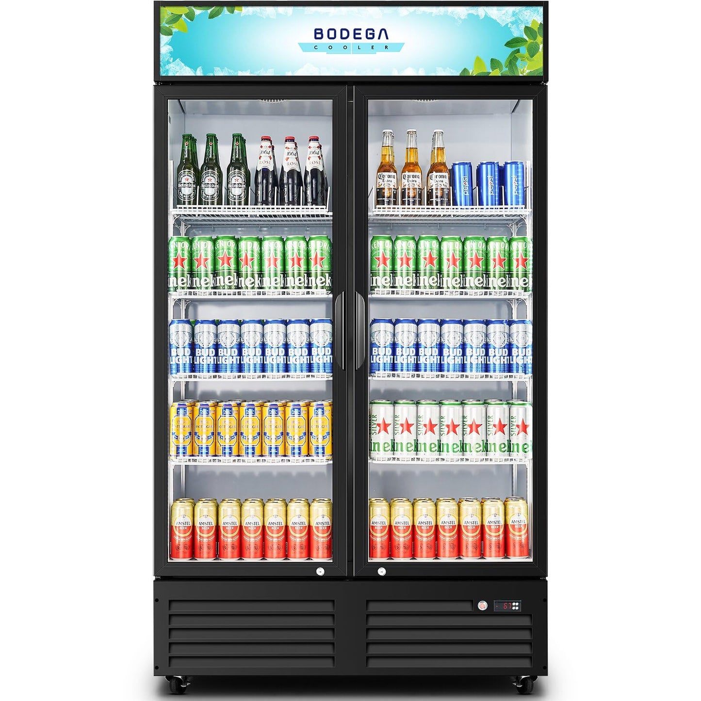 BODEGACOOLER 44.5"W 35.4 Cu. Ft Commercial Beverage Refrigerator, 2 Glass Door Merchandiser Cooler Display Refrigerator with LED Lighting, Adjustable Shelves, Temperature Control and Casters, Black