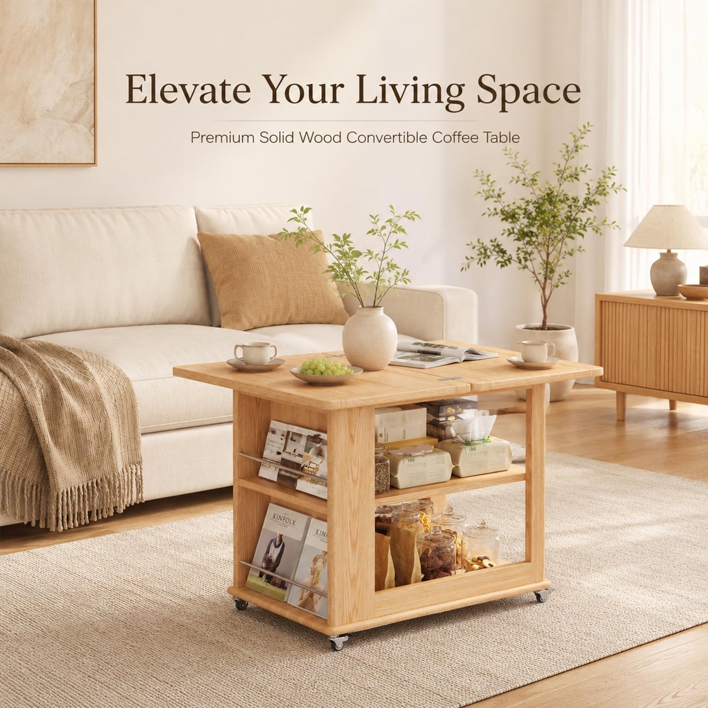 YQJJGL Expandable Coffee Table with Hidden Storage and Wheels, Convertible Wood Center Table with 2-Tier Adjustable Shelves, Rolling Coffee Table for Living Room, Small Spaces,Natural