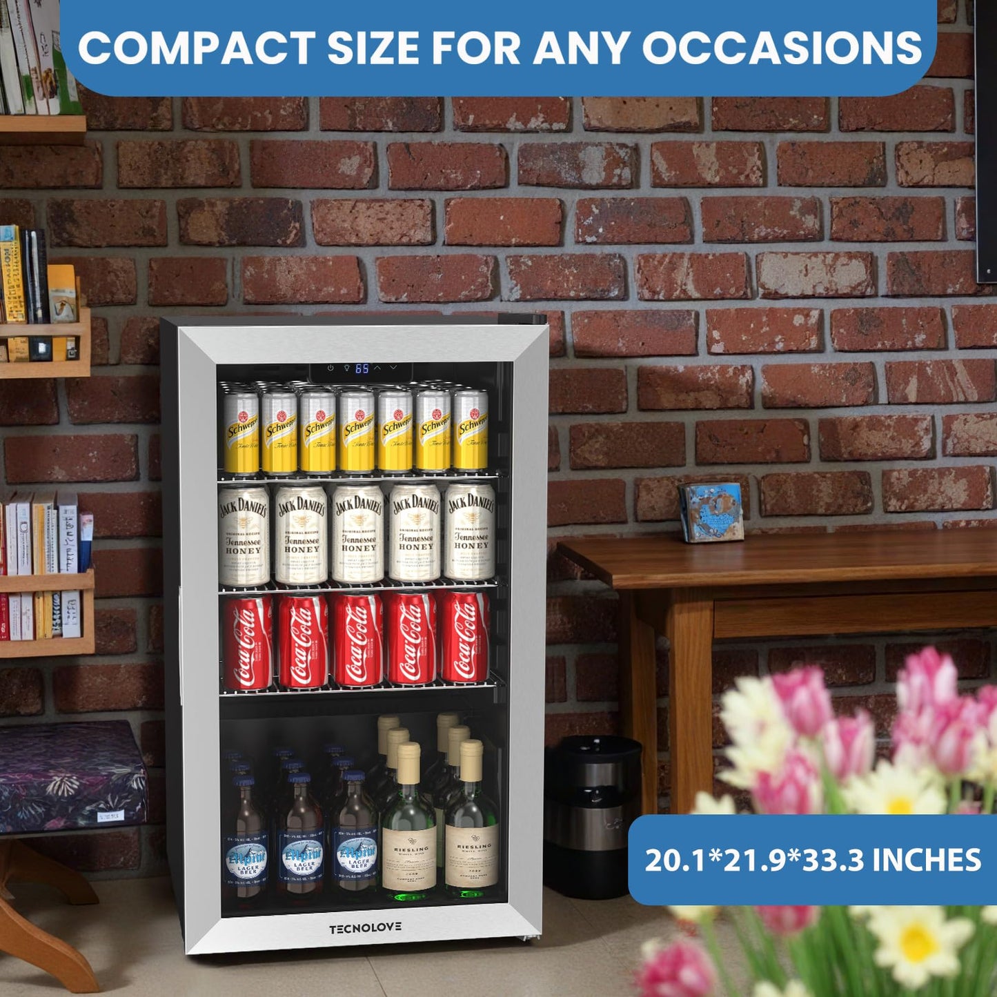 Beverage Refrigerator Cooler,Mini Fridge,Free Standing,123can/3 Cu. Ft,Cools Down To 37 ℉,LED Touchscreen Digital Temp Control,Under Counter,Double-layer Glass Door,Adjustable Shelves,Stainless Steel