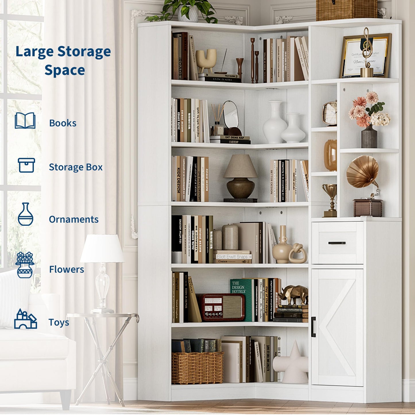 Garvee 74'' Tall Corner Bookshelf - 6-Tier Book Shelf with Drawer and Cabinets, l-Shaped Bookcase Open Storage Shelves Modern Display Shelf for Home, Office
