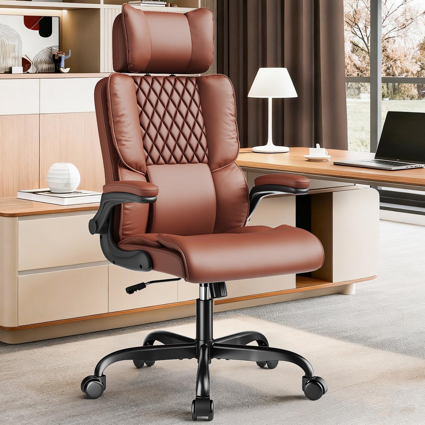 Sytas Ergonomic Office Chair with Adjustable Headrest, Executive Leather Desk Chair with Upgraded Lumbar Support for Lower Back Pain Relief, Thickened Backrest Computer Chair for Home Office, Brown