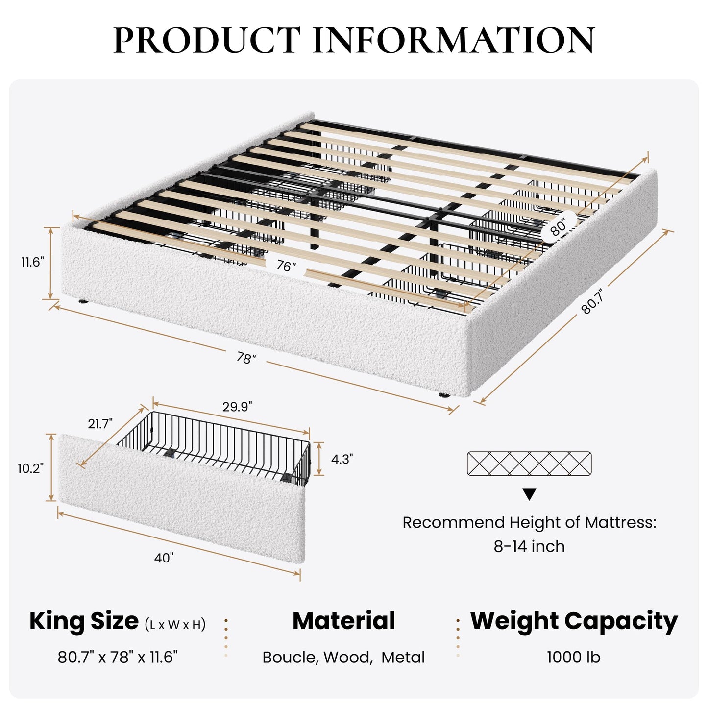 SHA CERLIN Boucle King Size Bed Frame with 4 Spacious Drawers, Platform Bed with Soft Teddy Fabric Upholstery, Sturdy Wooden Slats Support, No Box Spring Needed, Noise Free, Easy Assembly, White