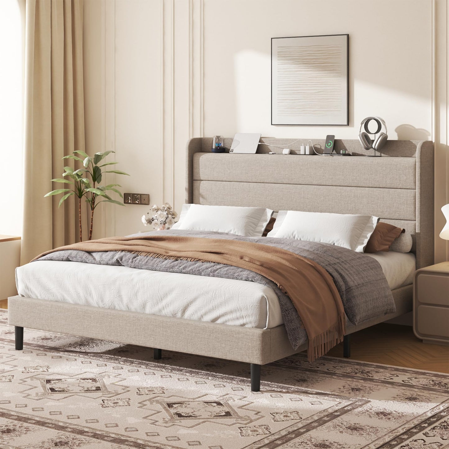 Lcwtvgxr King Size Linen Multifunctional Bed Frame, Wingback Headboard with Charging Station & Storage Shelf, Upholstered Platform Bed, Noise Free, No Box Spring Needed, Easy Assembly, Beige