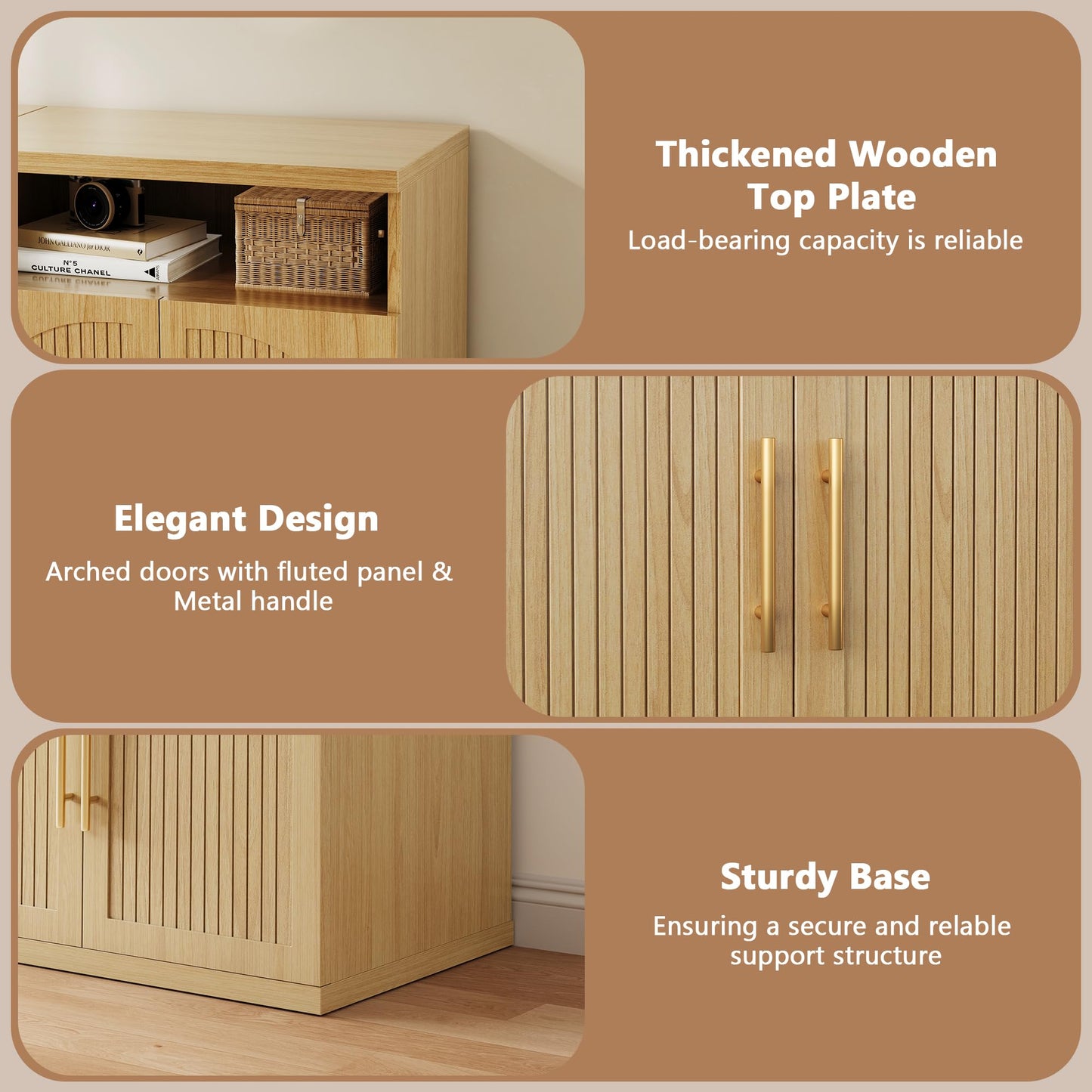 Fluted Buffet Cabinet with Storage, 63" Wide Wood Sideboard Credenza with 4 Doors & Open Storage Shelf, Modern Kitchen Entryway Accent Table for Dining Room Living Room, Kitchen, Hallway, Oak
