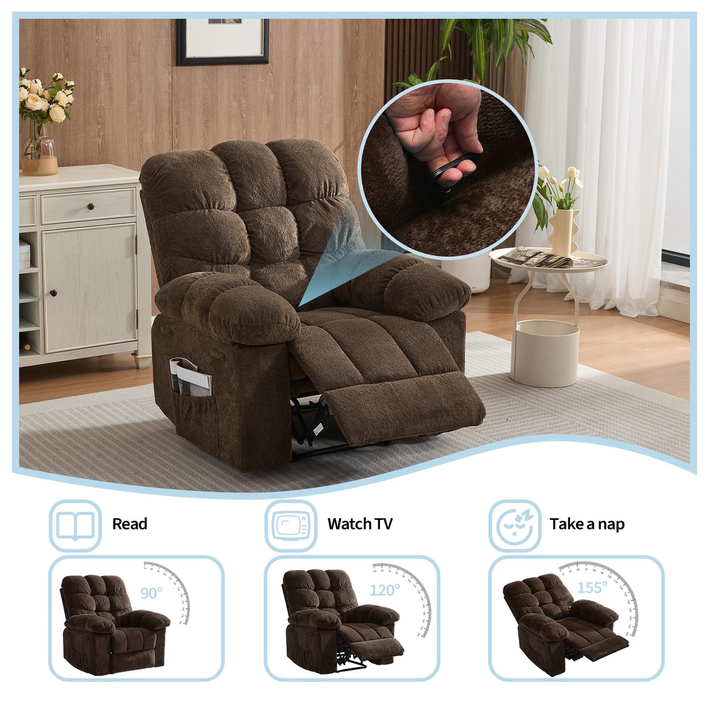 Massage & Heating Recliner Chair for Adults, 150° Manual Oversized Recliner with Extra Wide Plush Seat, Overstuffed Comfortable Single Sofa for Living Room Bedroom Home Theater for Relaxation
