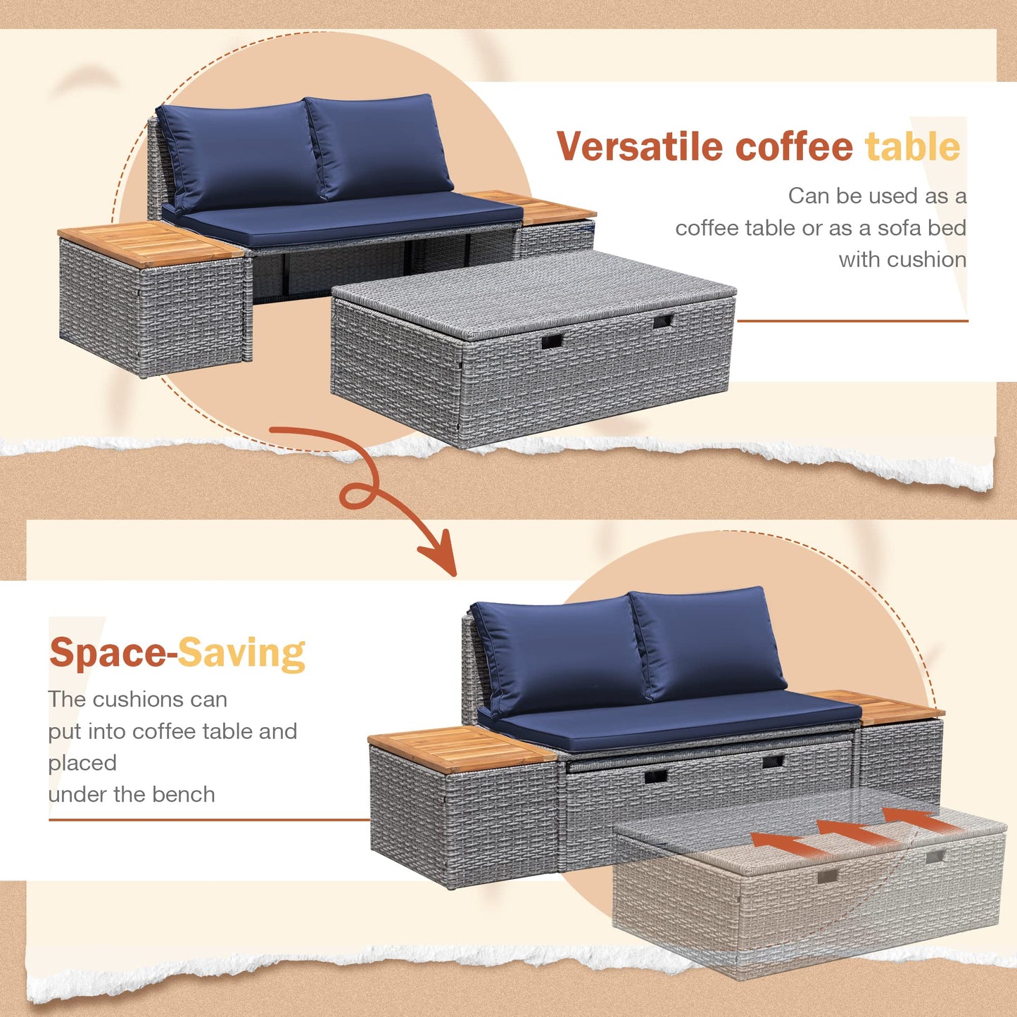 Greesum Patio Furniture Set Multifunctional Outdoor Sectional Sofa Rattan Chaise Lounge Wicker Daybed with Couch, Cushions, Storage Ottoman and 2 Side Tables for Backyard Porch Poolside Lawn,Blue