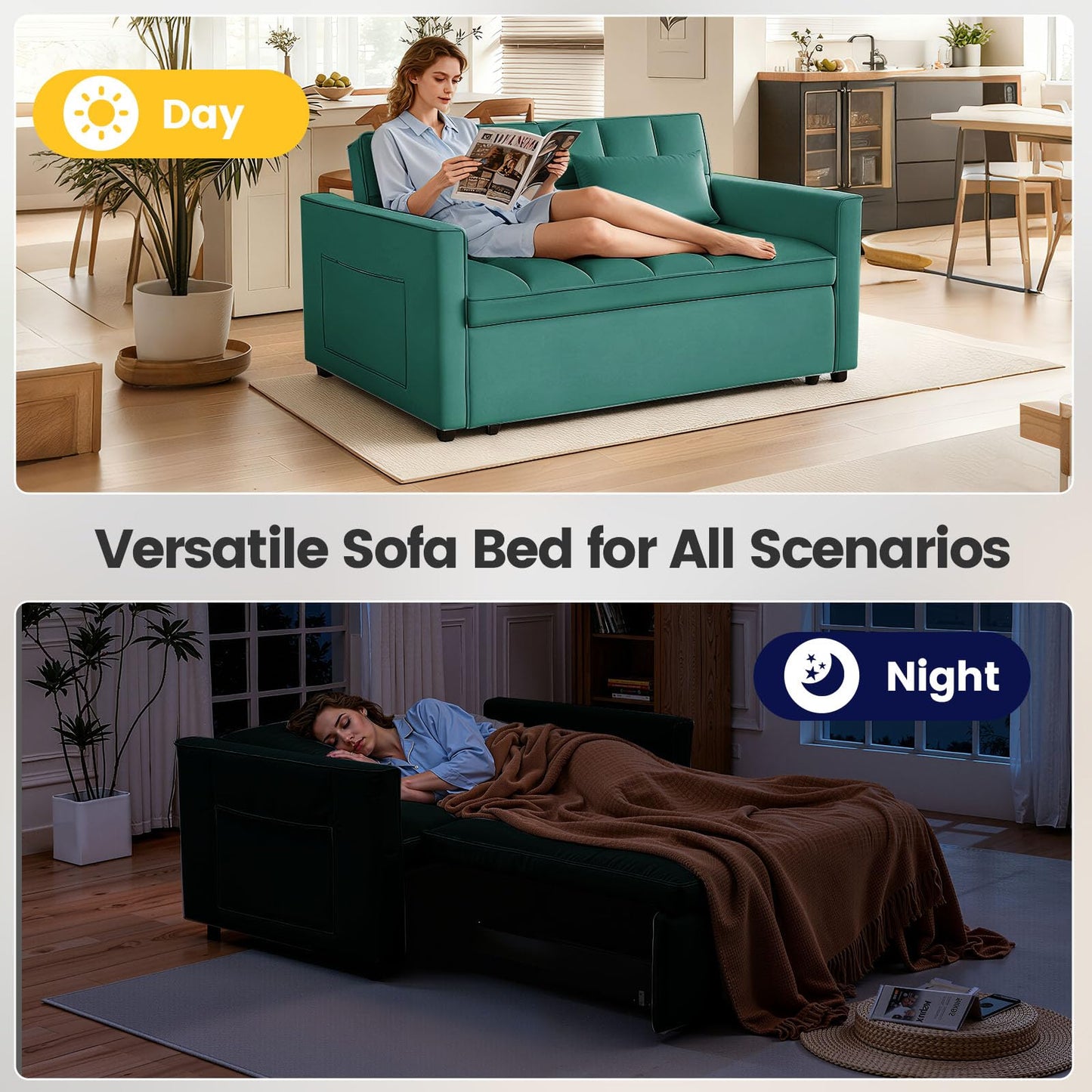 NicBex 3 in 1 Convertible Sofa Bed, Pull Out Couch Bed with Adjustable Backrest, Velvet Fabric Sleeper Sofa with Side Pocket, Loveseat Sleeper Sofa for Small Space, Living Room, Bedroom, Green