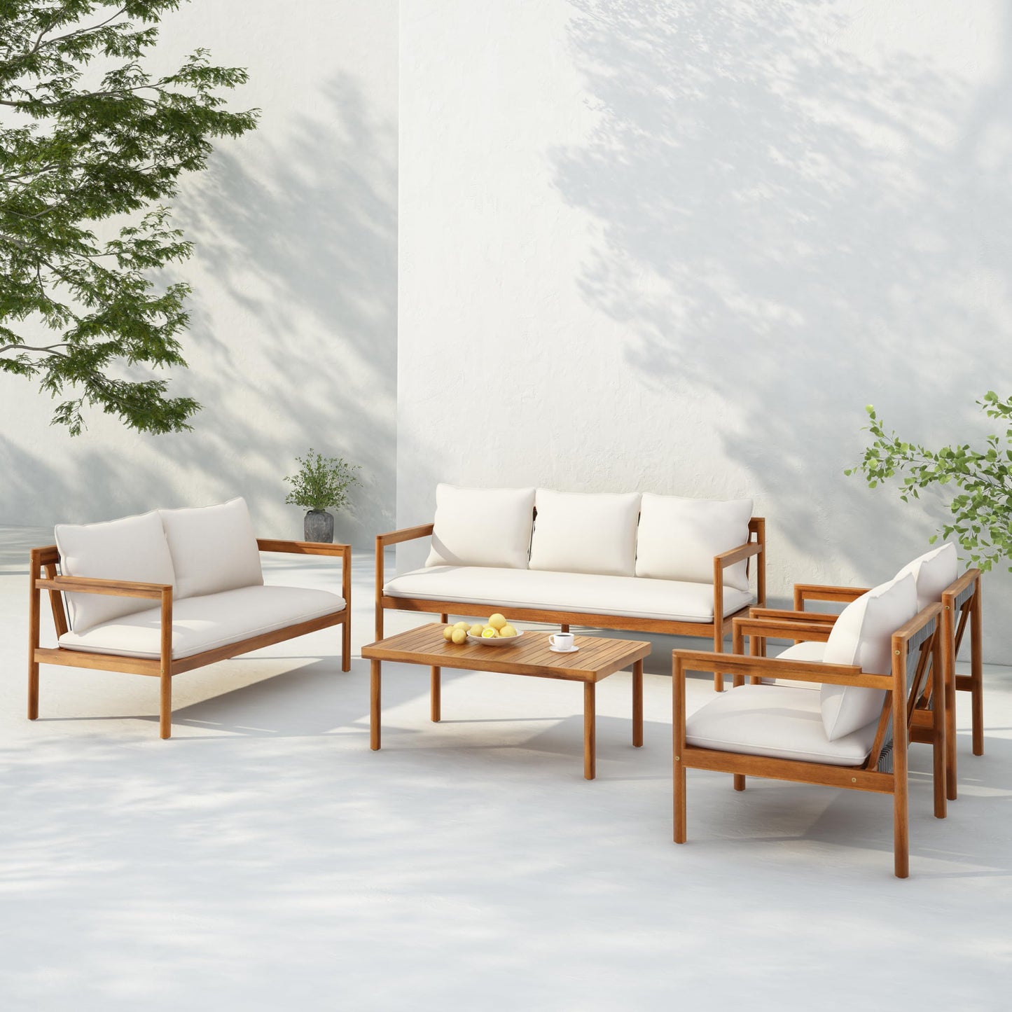 Christopher Knight Home Vorms 5-Piece Acacia Wood Patio Furniture Set with Rope Backrest, Patio Conversation Chat Set for Backyard Balcony, Outdoor 7-Seater Seating Group with Coffee Table, Teak+Cream