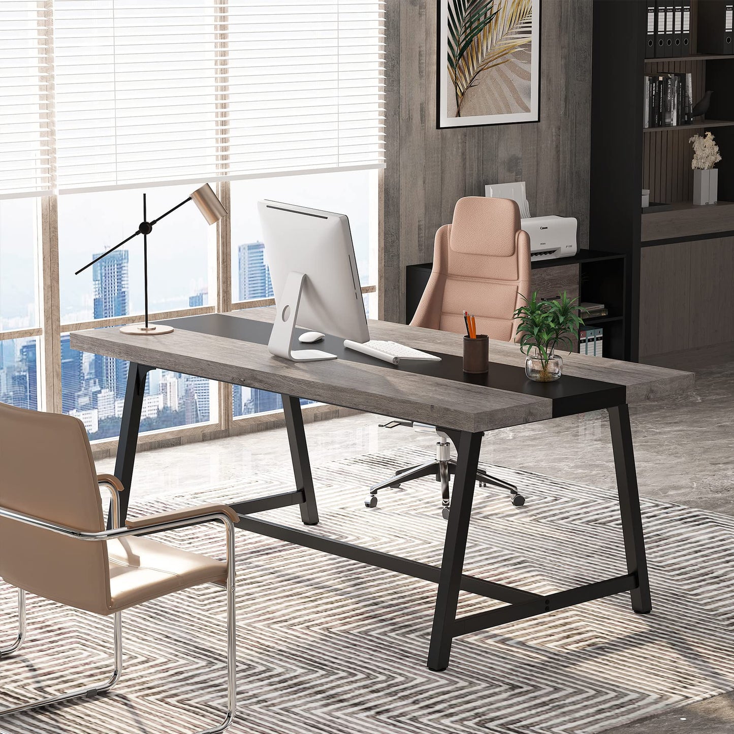 Tribesigns 6FT Rectangle Conference Table, 70.87L x 33.46W x 29.92H Inches Meeting Table for Conference Room, Vintage Wood Office Executive Desk with Strong Metal Frame for 6 People (Grey)