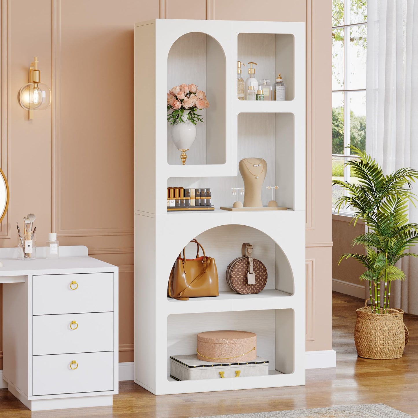 Tribesigns 70.87" Tall Geometric Bookshelf, White Arched Bookcase with 5 Irregular Storage Shelves, Modern Open Art Decor Display Shelf Free-Standing for Living Room, Bedroom, Closet