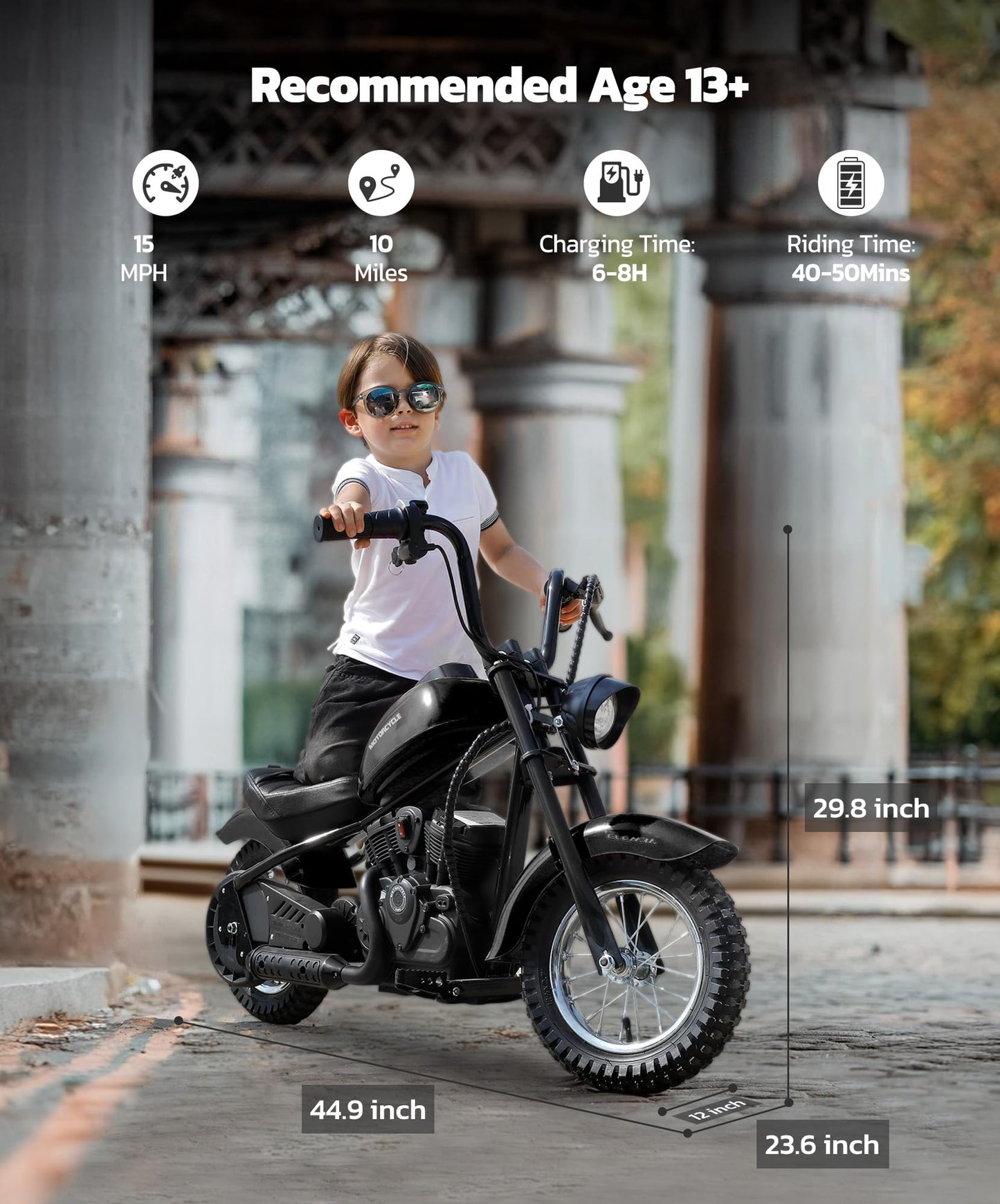 ELEMARA Electric Dirt Bike, 15 mph & 150lb Max, 24V Ride on Toy for Big Kids w/LED Lights & Power Display, Chain-Driven Motor, Twist-Grip Throttle, Shock Springs, Handbrake, 12" Air-Filled Tires-Dark