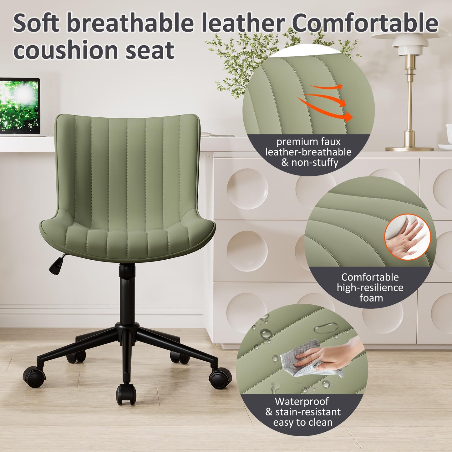Kidol & Shellder Olive Green Office Desk Chair with Wheels Leather Modern Armless Swivel Vanity Chair with Comfy Padded Back Ergonomic Cute Rolling Adjustable Computer Chair Small
