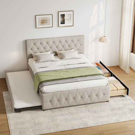 Ball & Cast Queen Bed Frame with Adjustable Headboard,Upholstered Platform Bed Frame Queen Size with 2 Wood Storage Drawers & Pull‑Out Trundle Bed,Wooden Slats Support,No Box Spring Needed,Taupe