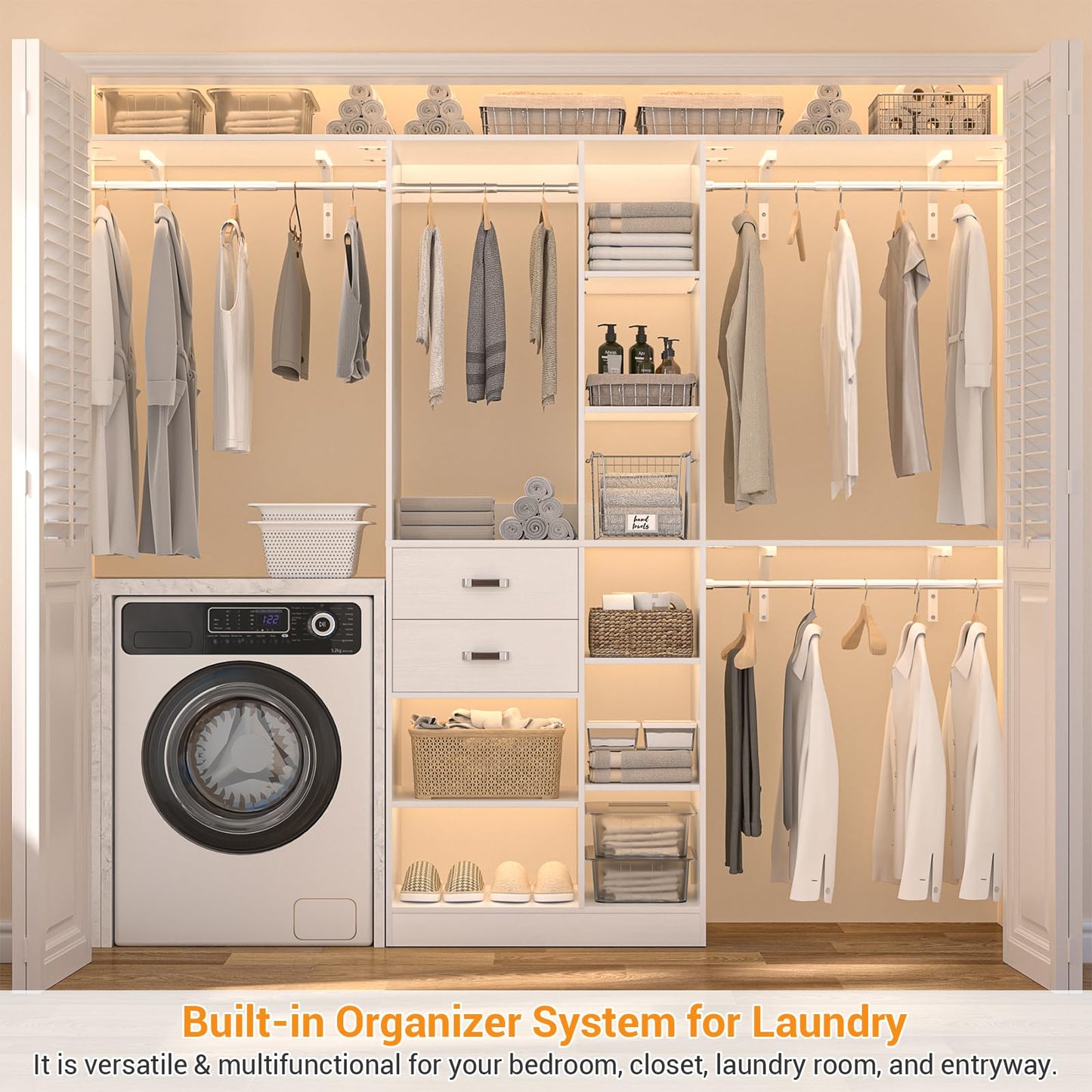 Armocity 8FT Heavy Duty Wood Closet System, 1500 LBS+ Capacity Wall Mounted Walk-in Closet Organizer with 2 Drawers & 4 Hanging Rods, 96'' Custom Bedroom Storage Wardrobe, White