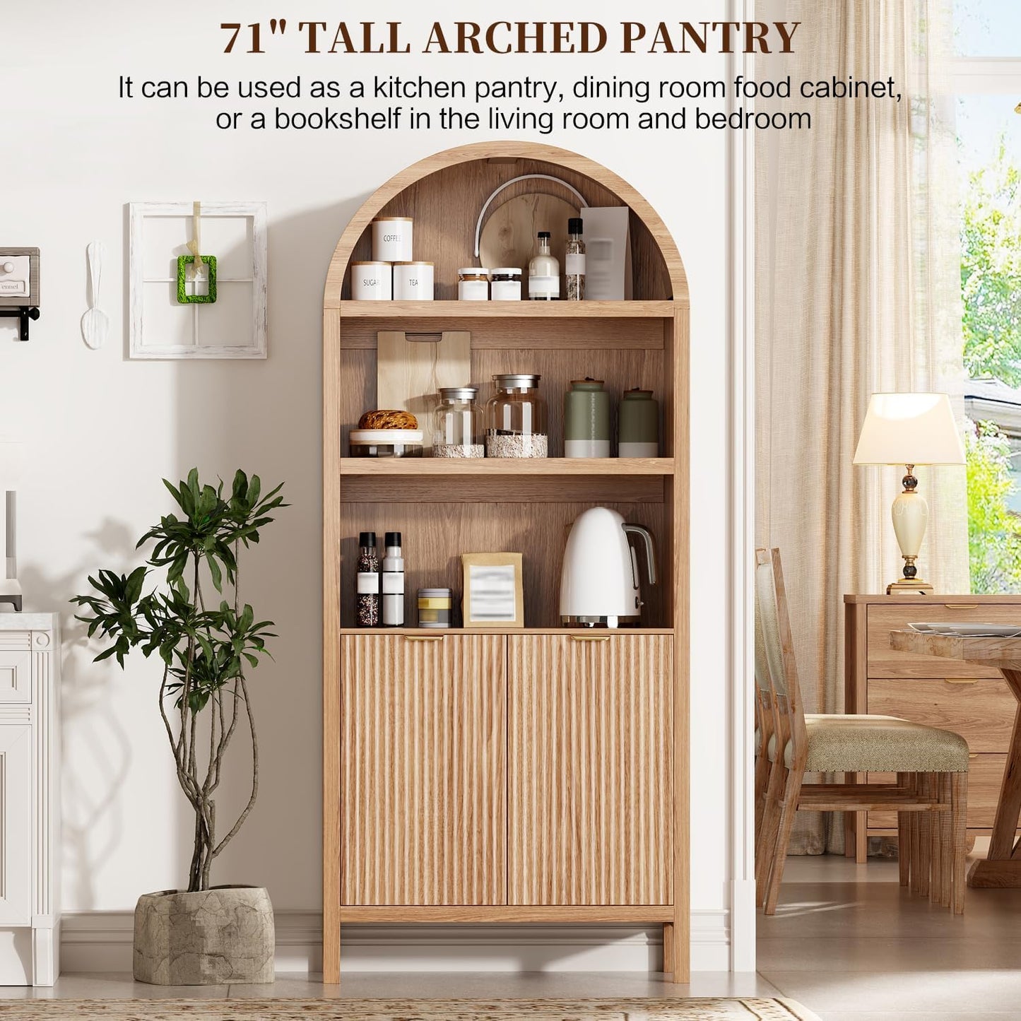 Ieejdn 71" Tall Arched Kitchen Pantry,Modern Fluted Wood Storage Cabinet with Doors,Adjustable Shelves,Organizer, Versatile Cupboard for Kitchen,Living Room,Dining Room,Bathroom,Wood