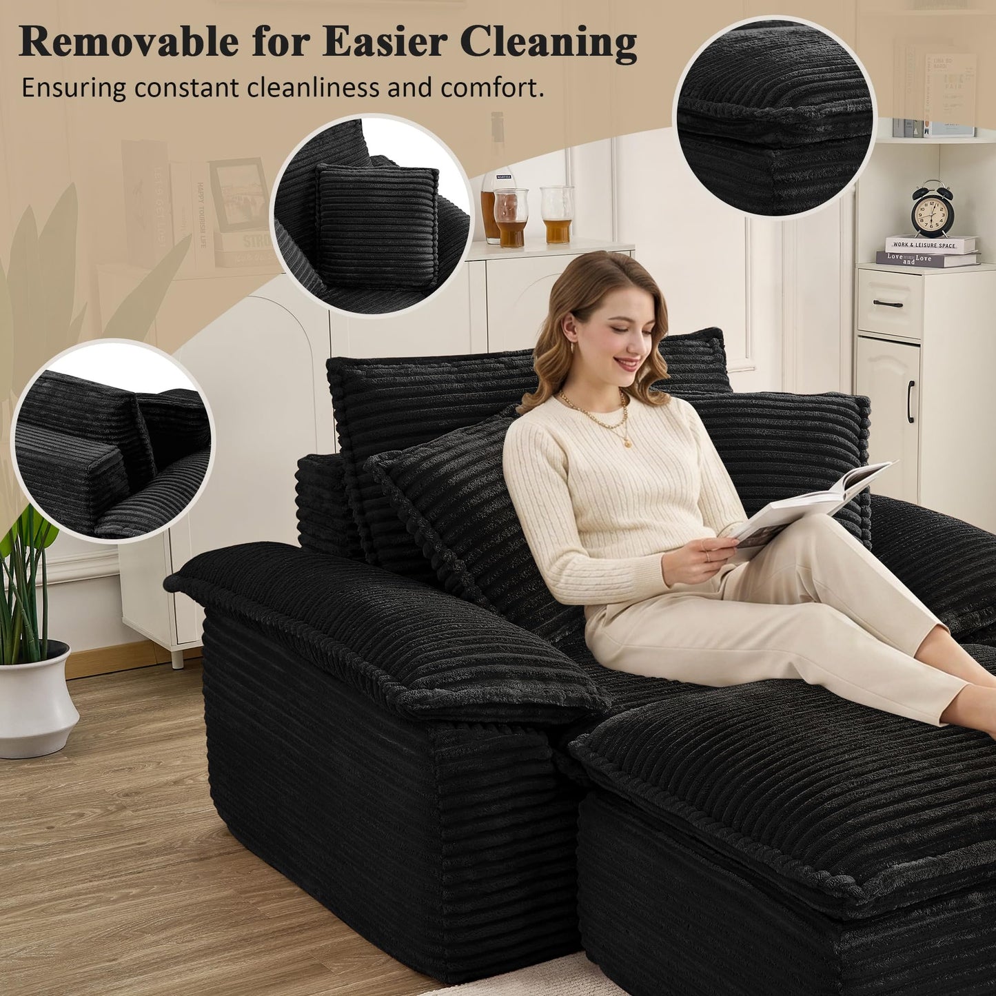 KEIKI 63" Oversized Modular Sofa Chair Bed with Ottoman, Deep Seat Cloud Couch Sleeper, Convertible 1-Seater Sectional Sofa, No Assembly Corduroy Couch for Flexible Living Spaces
