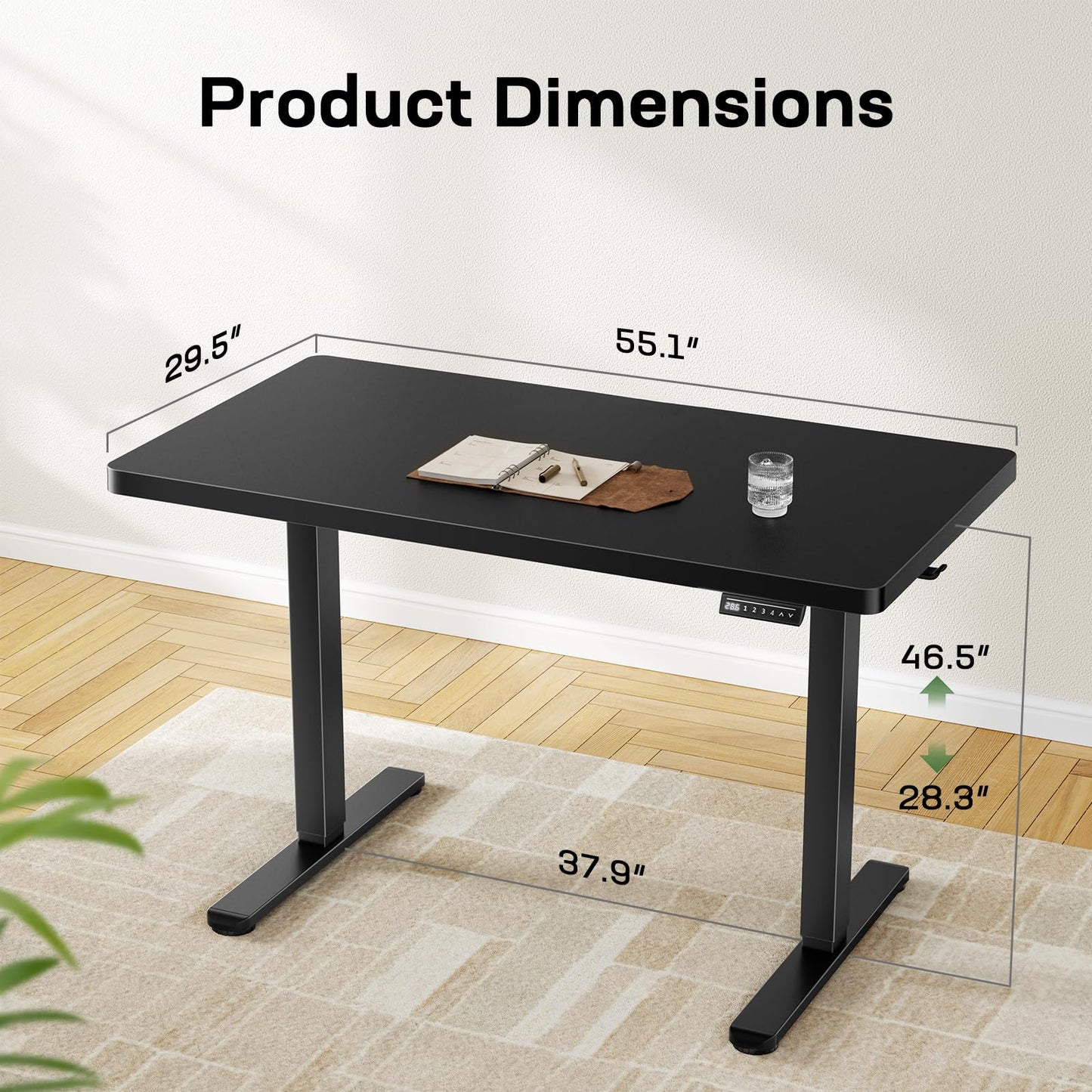 Marsail 55 x 30 Electric Standing Desk with One-Piece Desktop, Sit Stand Desk with Thickened Tabletop, Height Adjustable Stand Up Desk with Cable Management for Home Office(Frame+Desktop, 2 Packages)