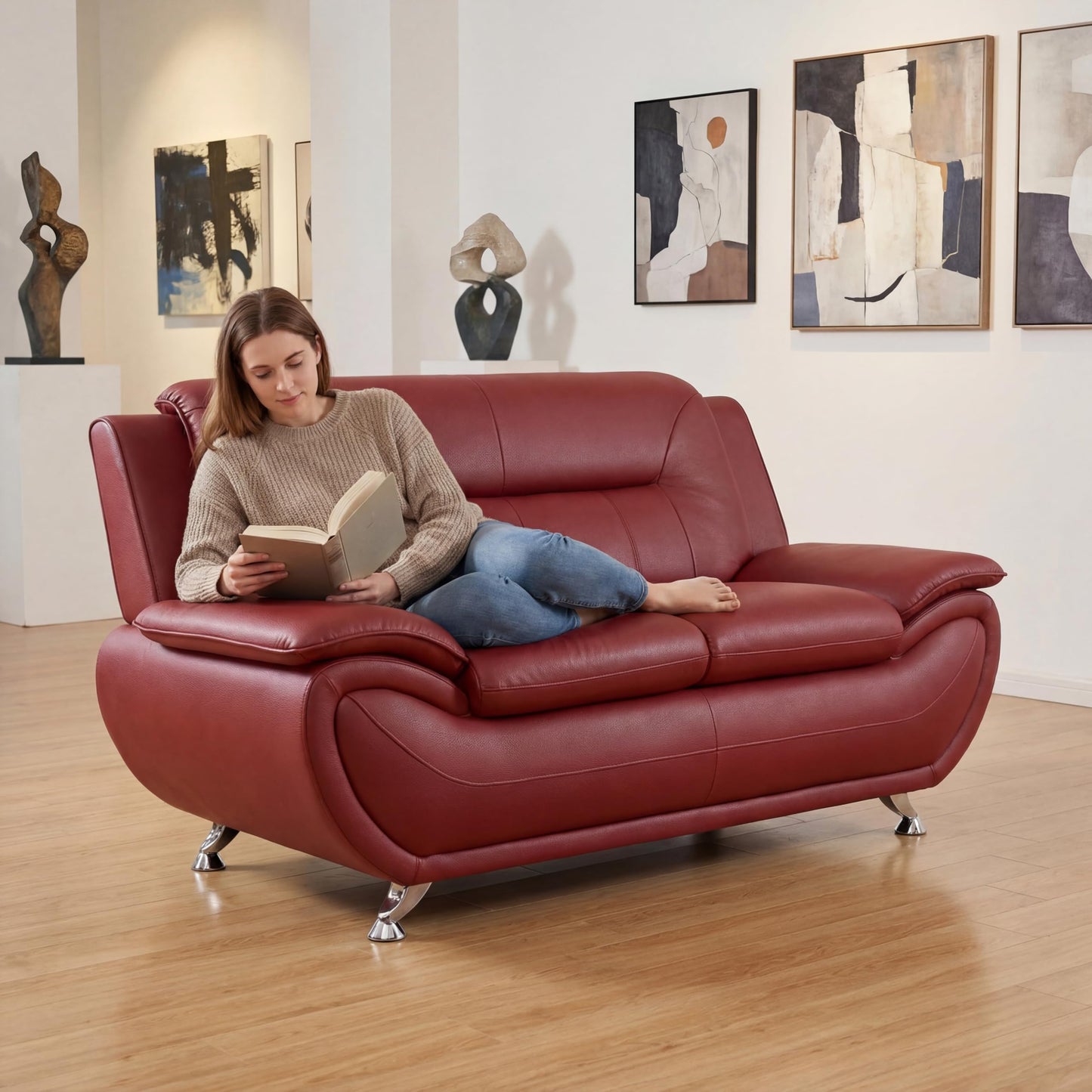Trygoal 3 Piece Sofa Sets for Living Room, Modern Sectional Couch and Loveseat & Armchair Set, Mid-Century Furniture Sets for Living Room, Apartment, Office, Red