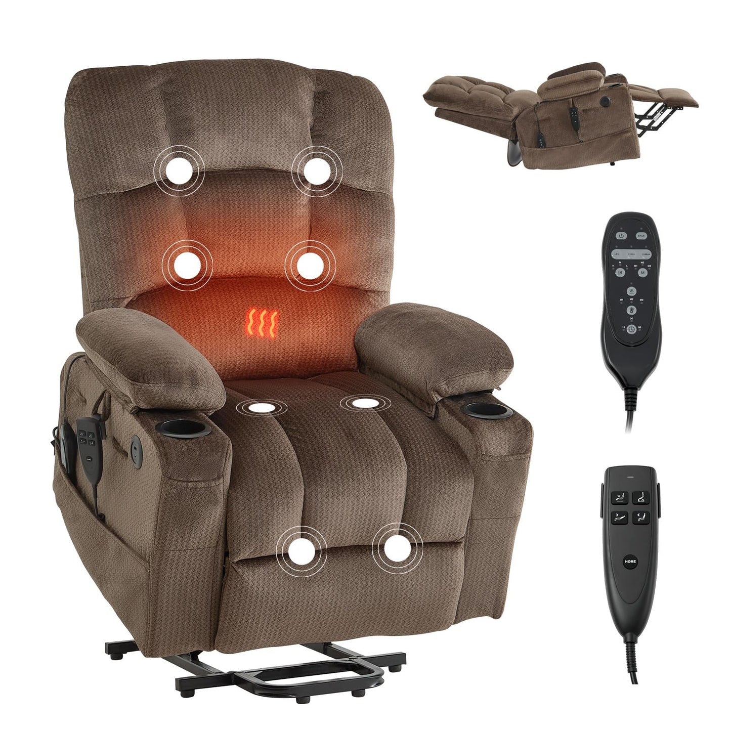 VEVOR Large Power Lift Recliner Chair, Dual Motor Lift Chair with Heat and Massage for Elderly, Position Adjustable with Side and Front Pockets, Cup Holders, Velvet Fabric, Brown