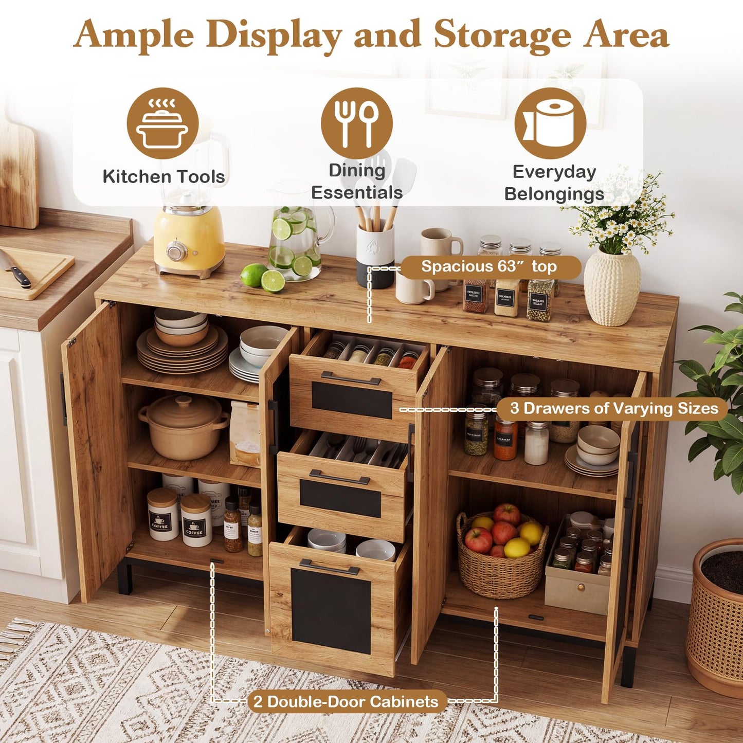 Giantex 63” Sideboard Buffet Cabinet, Large Farmhouse Organizer with 3 Drawers & Storage Shelves, 4-Door Modern Accent Coffee Bar Console Station for Kitchen, Entryway, Living Room