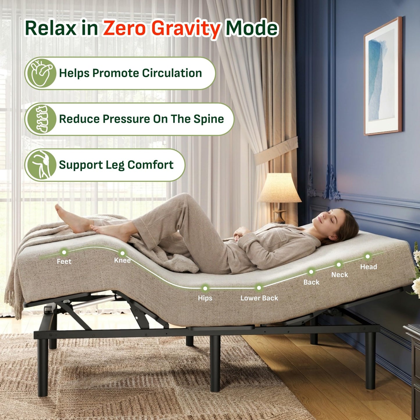 Softa Twin XL Adjustable Bed Frame, Zero Gravity, Independent Head & Foot Incline, Wireless Remote, Memory Position, 900 Lbs Heavy Duty, USB Ports, LED Night Light, Anti-Snore, Electric Bed Base