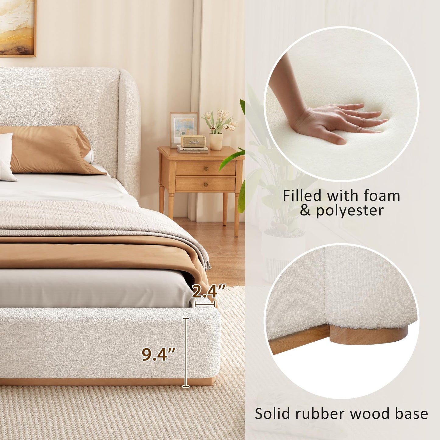 Merax King Bed Frame with Boucle Upholstered Wingback Headboard, Solid Wood Base, Contemporary Aesthetic Platform Bed, No Box Spring Needed, Bear 700lbs, White