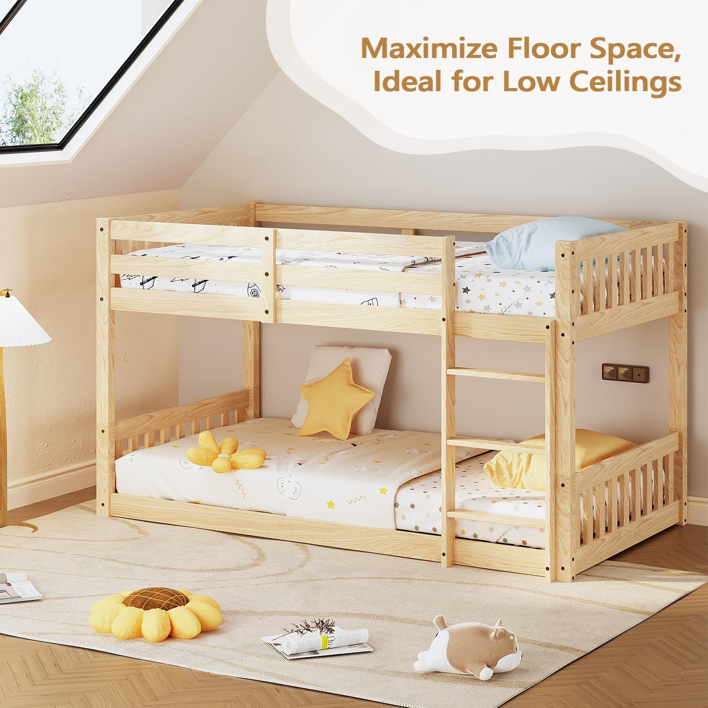 JOYMOR Low Twin Over Twin Bunk Bed for Kids/Junior, Wood Twin Bunk Bed Frame with Guardrails & Ladder for Boys Girls, Mattress Not Included