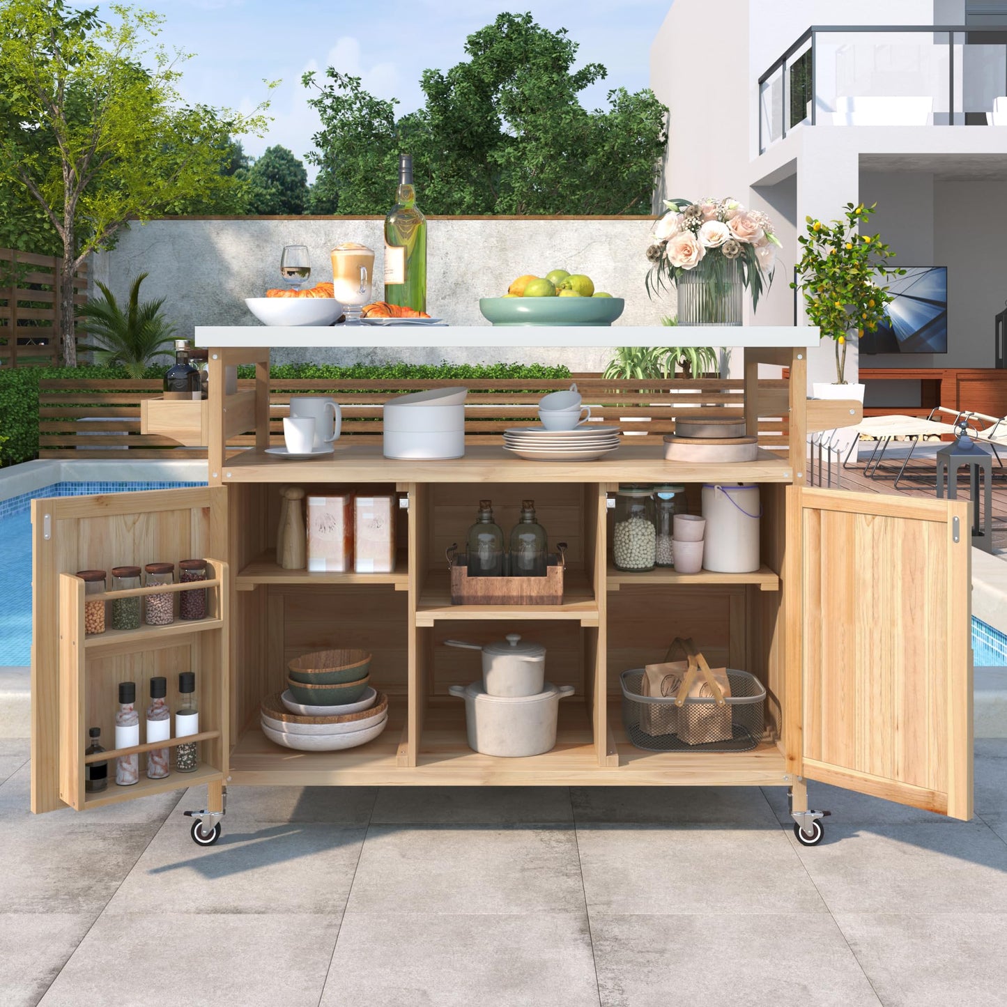 YOPTO Outdoor Kitchen Island,Rolling Bar Cart & Storage Cabinet,Farmhouse Solid Wood Outdoor Grill Table with Stainless Steel Top,Spice and Towel Rack,for Kitchen,Barbecue,Natural,50"