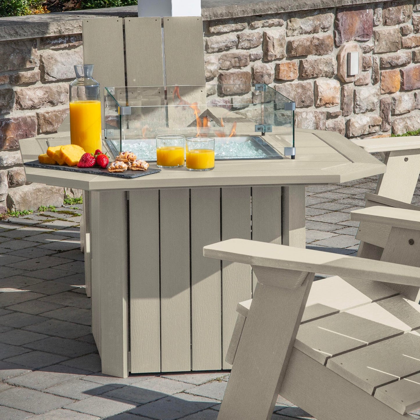 Oasis 5-Piece Conversation Set with Fire Pit Table, 4 Italica Modern Adirondack Chairs and 40” Fire Pit Table with Glass Wind Guard and Rain Cover, Whitewash