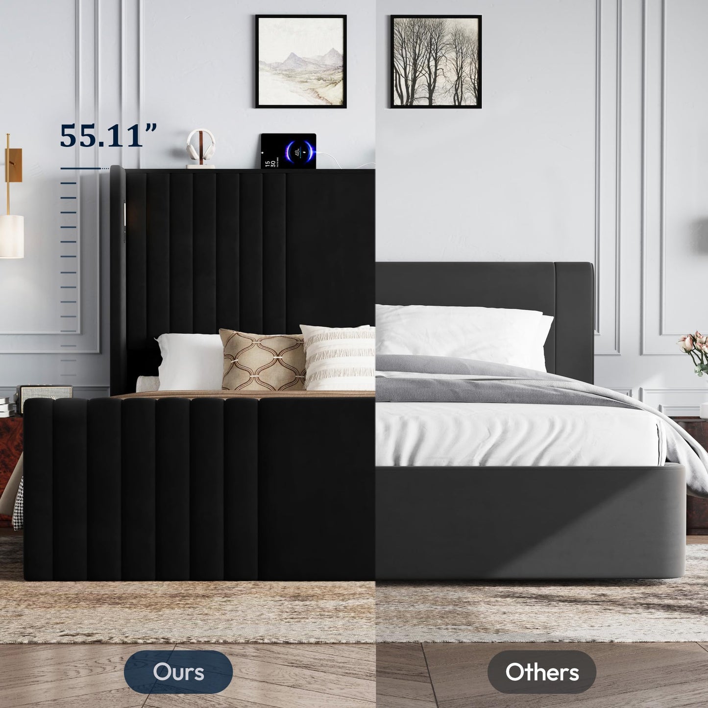 Uteeran King Size Bed Frame with 55.1" Tall Headboard, Velvet Upholstered Platform Bed with Channel Tufted Wingback, 2 Reading Lights/Storage Shelf/Charging Station/Easy Assembly/Noise-Free, Black