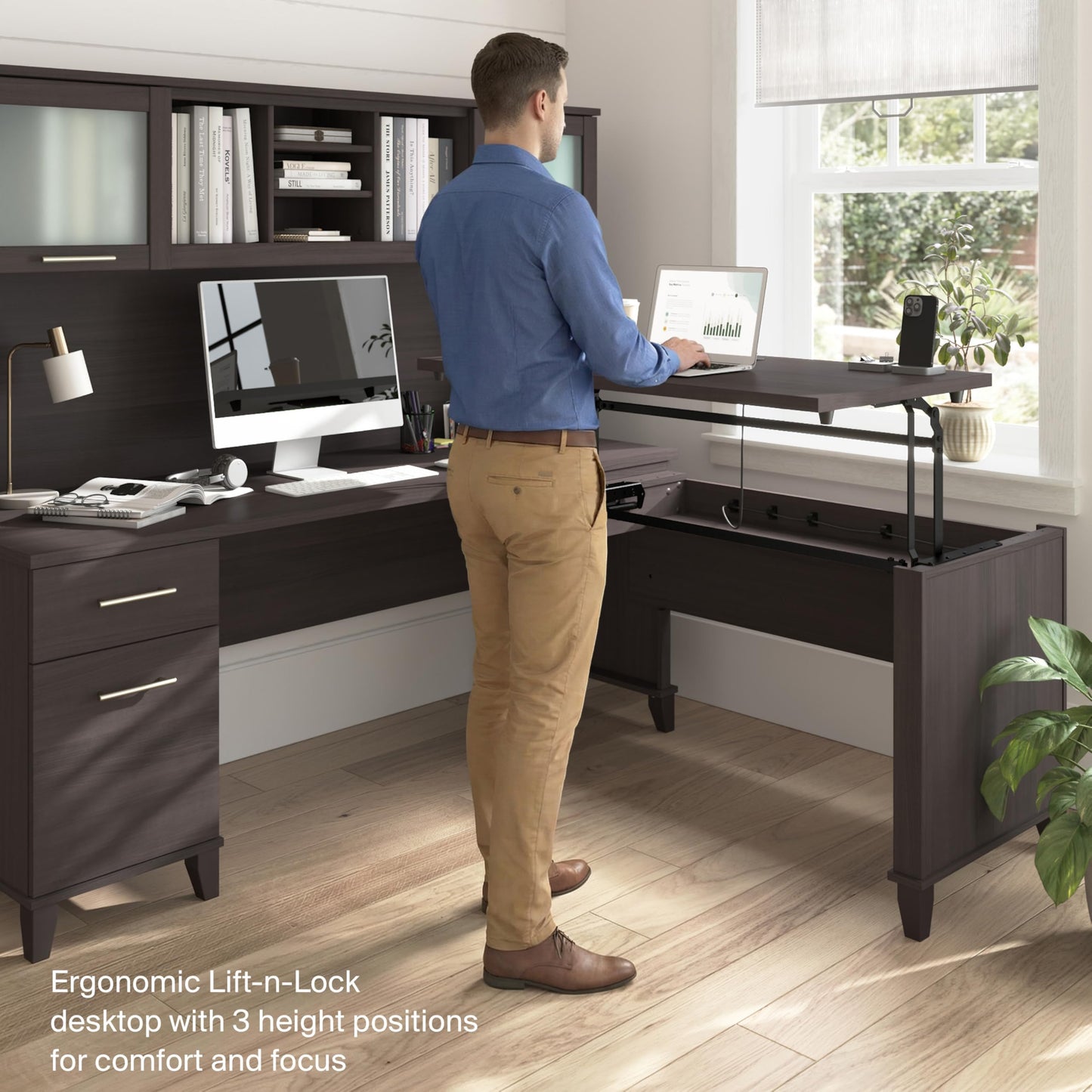 Bush Home 72-Inch L-Shaped Sit to Stand Desk with Hutch, Adjustable Height Standing Corner Computer Desk with Drawers, Shelves and Storage Cabinet, Home Office, Somerset Collection, Storm Gray