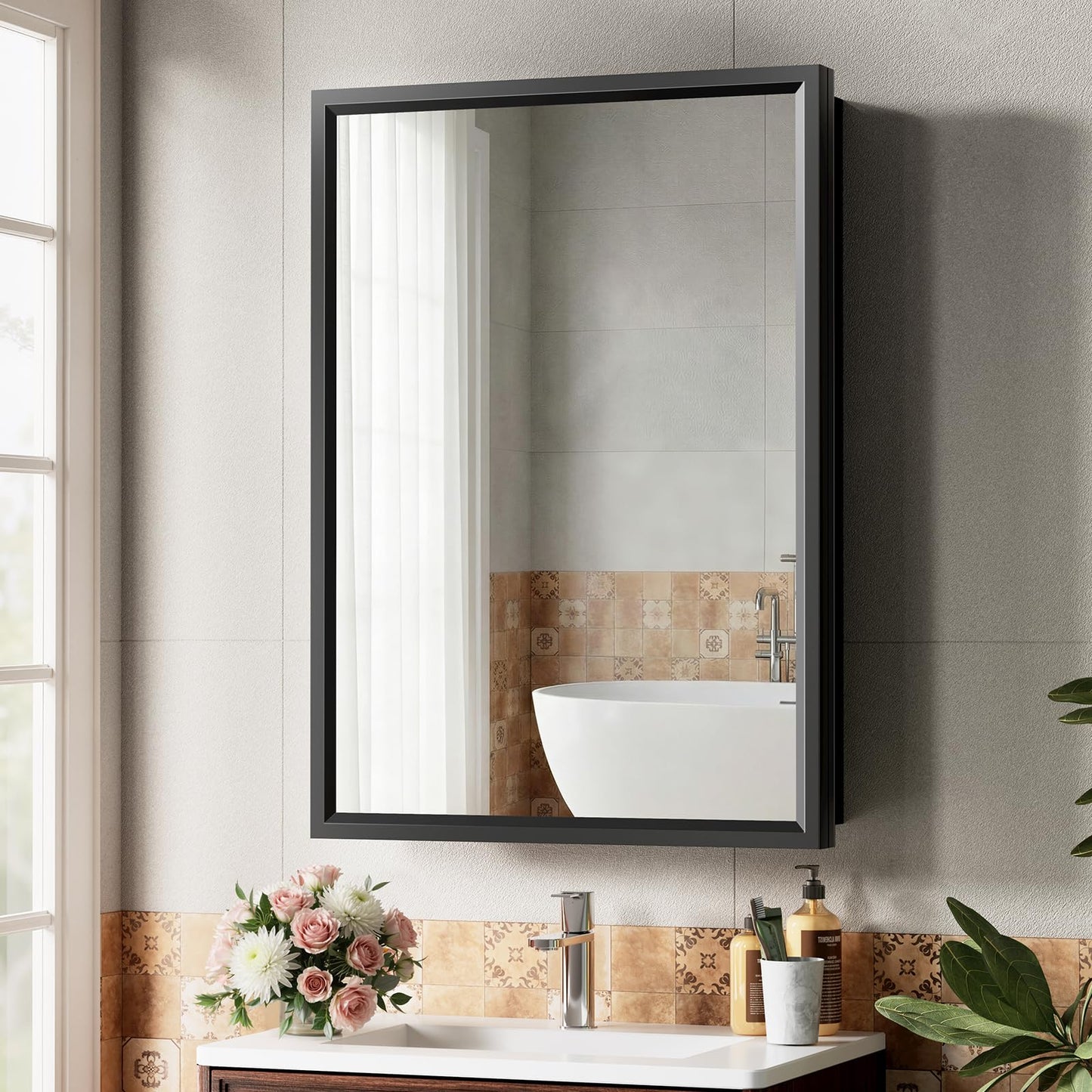 20"x28"Black Medicine Cabinets for Bathroom with Mirror, Aluminum Alloy Framed Mirror, Recessed(18.85"x22.85")or Surface Wall-Mounted(20"x28") Metal Bathroom Vanity Mirror with Storage Cabinet