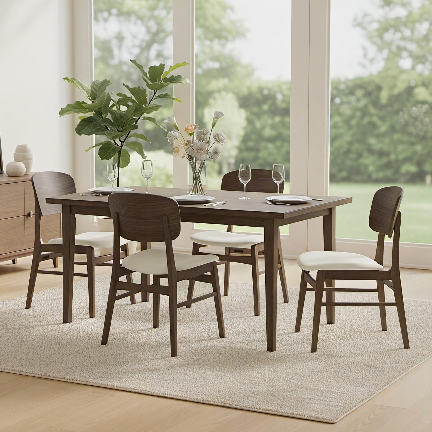 KISLOT Wooden Dining Chairs Set of 4, Upholstered Modern Dining Room Chairs, Mid Century Oak Kitchen Chairs with Ergonomic Wood Backrest for Farmhouse, Restaurant, Café (Cream Fabric & Walnut Color)