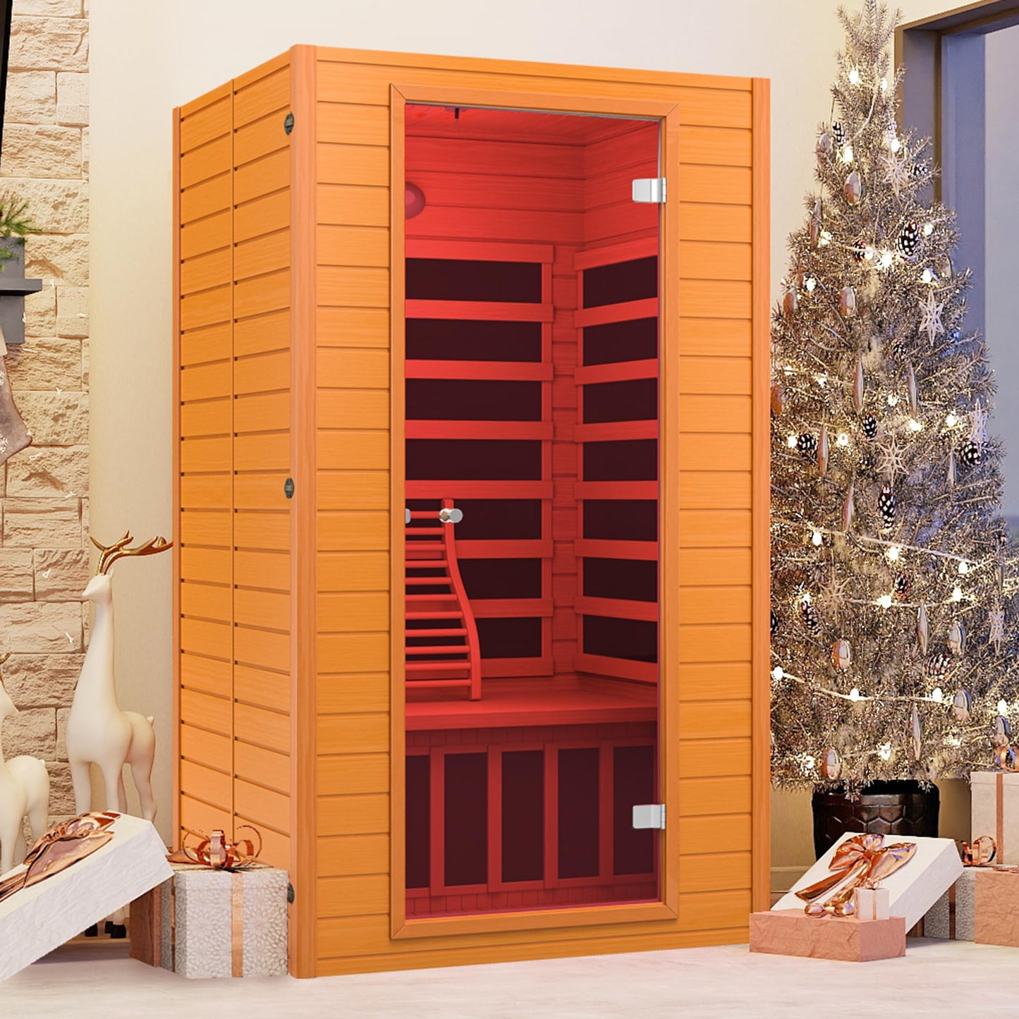 springspa Far Infrared Sauna for Home, Home Infrared Saunas up to 2 Person, Indoor Canadian Hemlock Wood Sauna Room with Near Zero Emf, 9 Chromo Therapy Lights, Bluetooth Speakers for Personal Spa