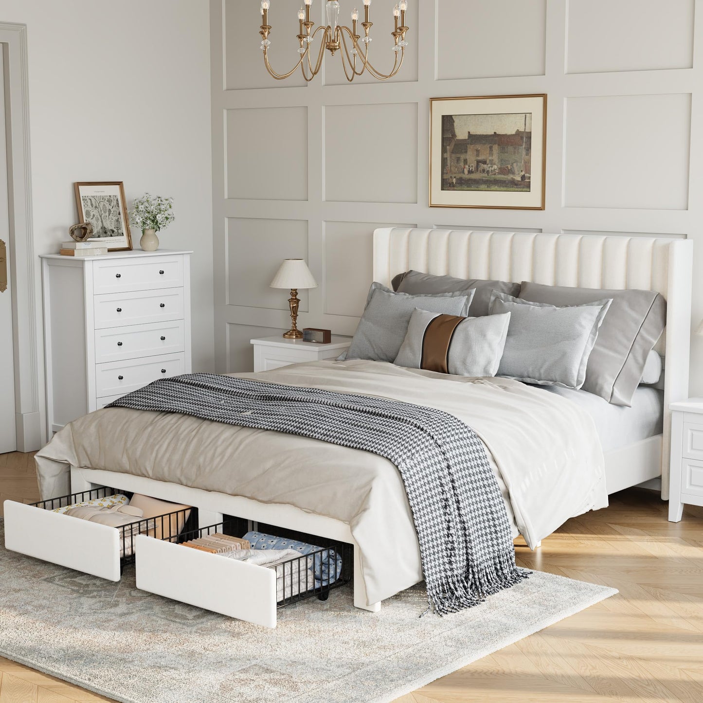 GarveeHome Full Size Bed Frame, Bed Frame Upholstered Platform Bed with Velvet Headboard, Wing Edge Design, 2 Storage Drawers, No Box Spring Needed, Beige