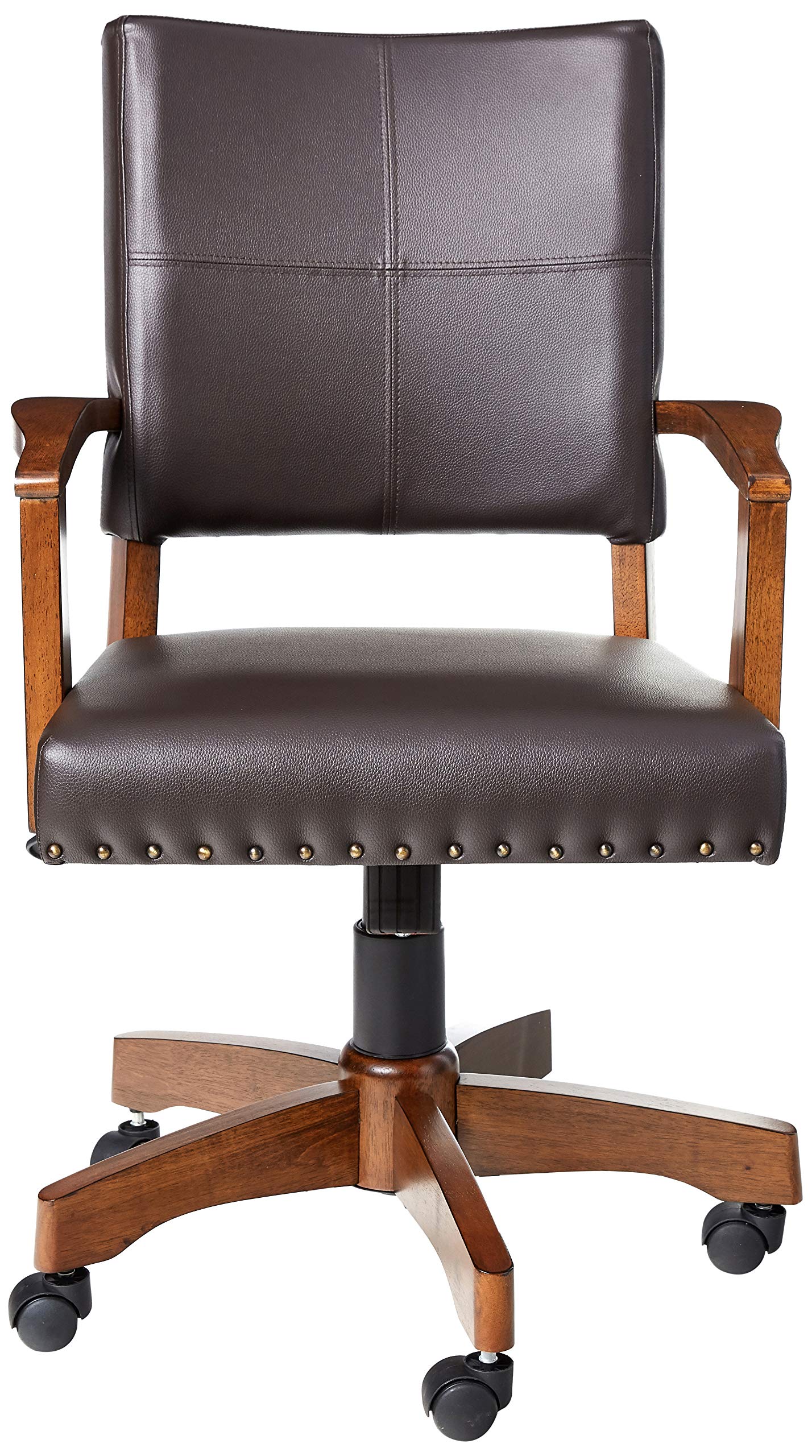 OSP Home Furnishings Deluxe Wood Banker's Chair with Antique Bronze Nailheads and Medium Brown Wood, Espresso Faux Leather