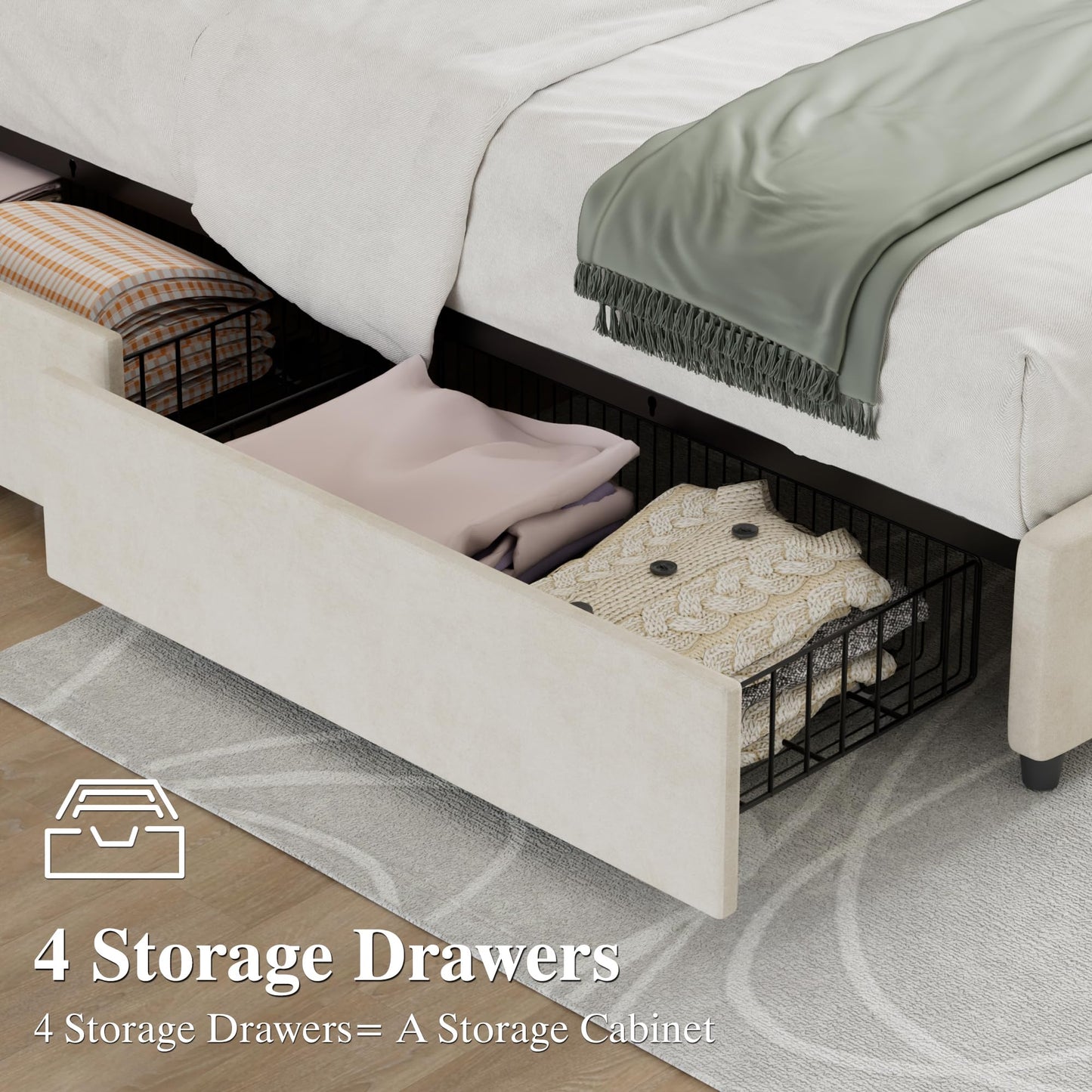 VECELO Queen Size Bed Frame with 4 Storage Drawers, Adjustable Height Headboard, Heavy-Duty Platform Bedframe with Strong Wooden Slats, No Box Spring Needed, Pale Beige