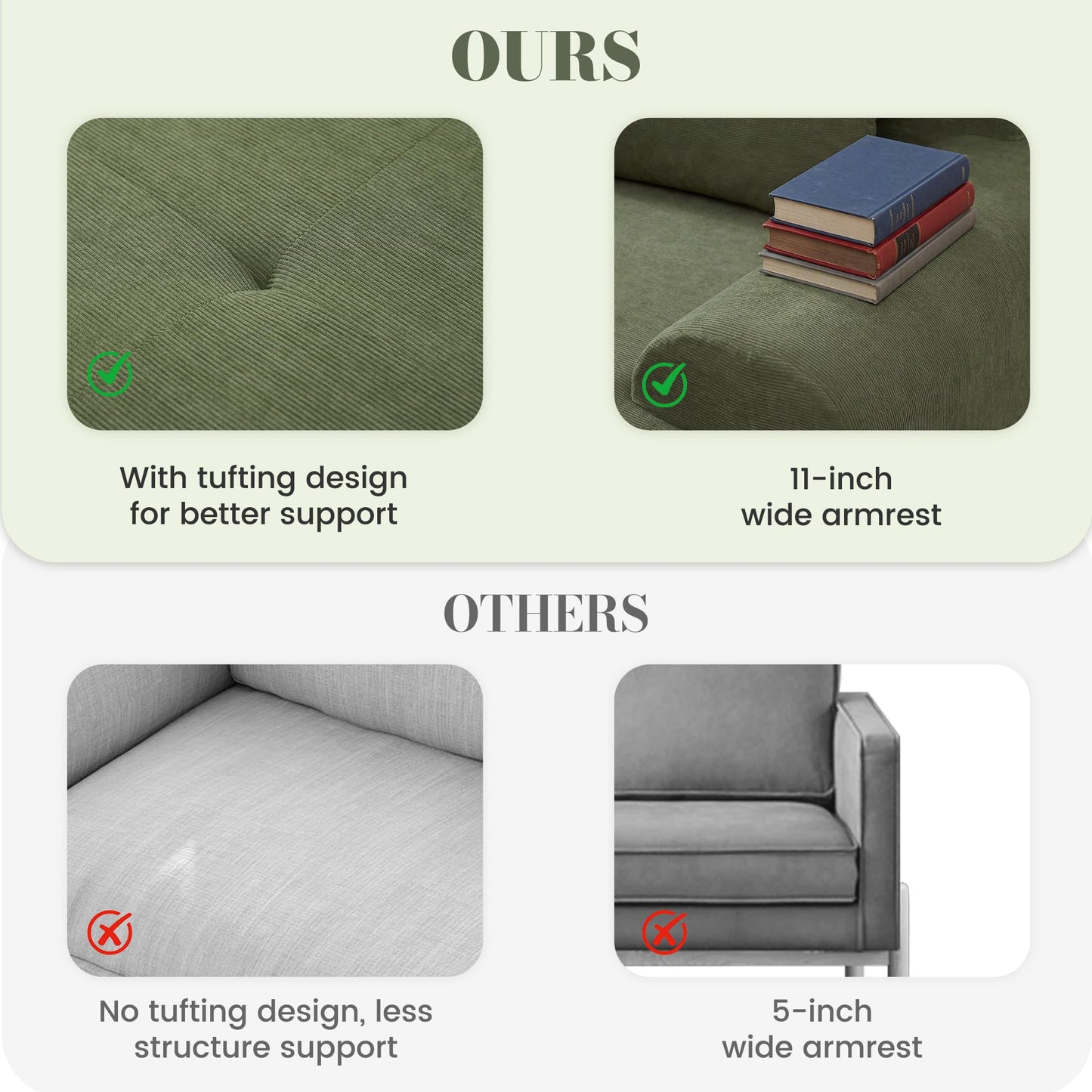GRUSIGN 108'' Modular Sectional Boneless Sofa, Tufted Sectional Couches for Living Room,Oversized L Shape Deep Seat Sofa with Ottoman & 3 Throw Pillows,Corduroy Cloud Couch,Green