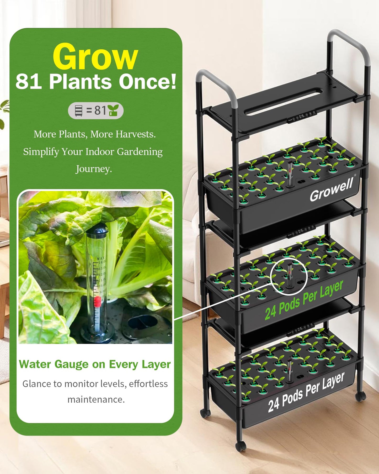 Growell Large Hydroponics Growing System Kit, 81 Pods Vertical Indoor Herb Garden Kit with LED Grow Light & Independent Water Pump, 42L Movable Indoor Planter Perfect Gardening Gifts (3 Tier-Black)