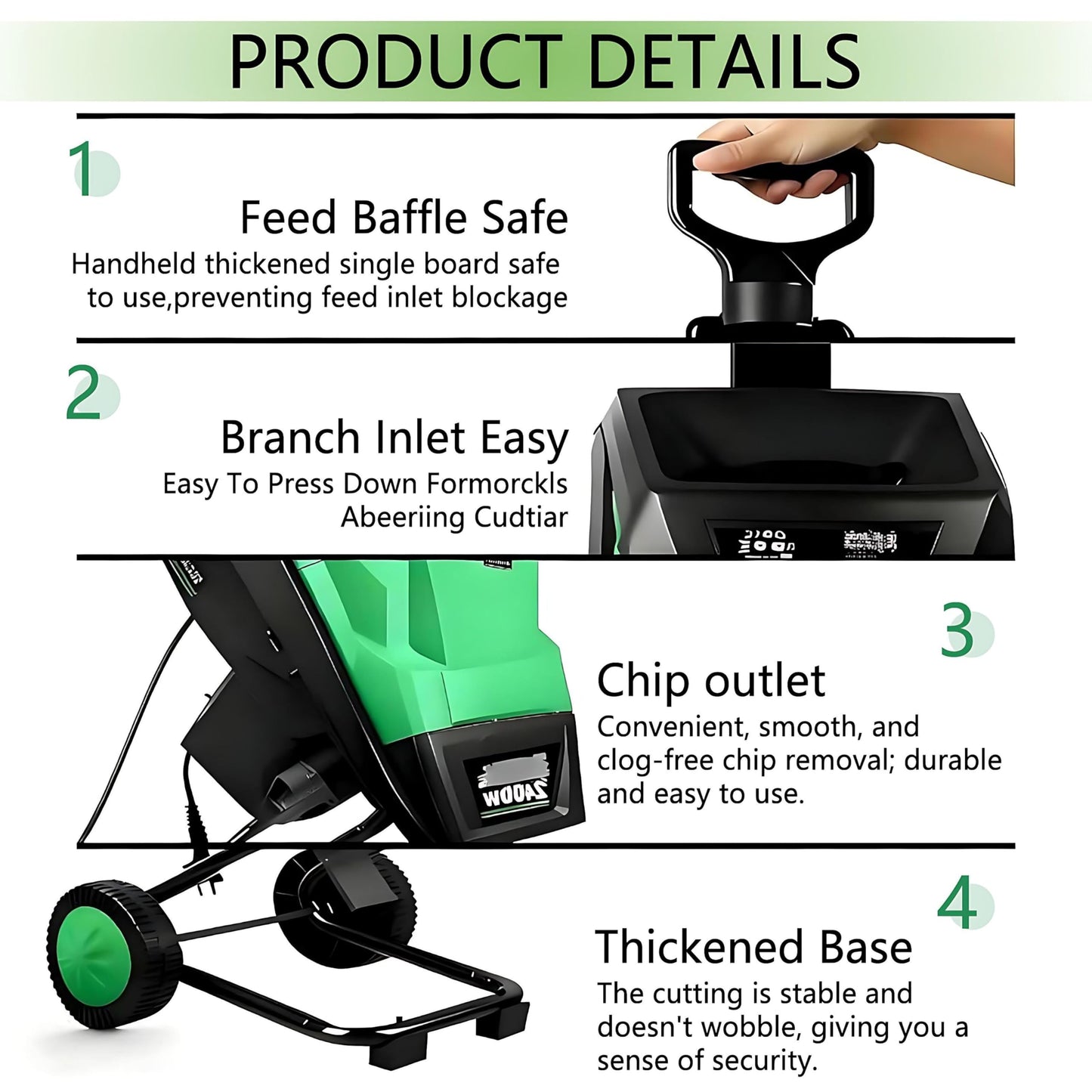 QIUNAOZI Garden Mulcher, 2400W Tree Branch Crushing Machine, Overload/Blockage Protection, 40mm Cutting Capacity, 4500rpm, Reinforced Rotary Double Blade, for Composting and Yard Waste
