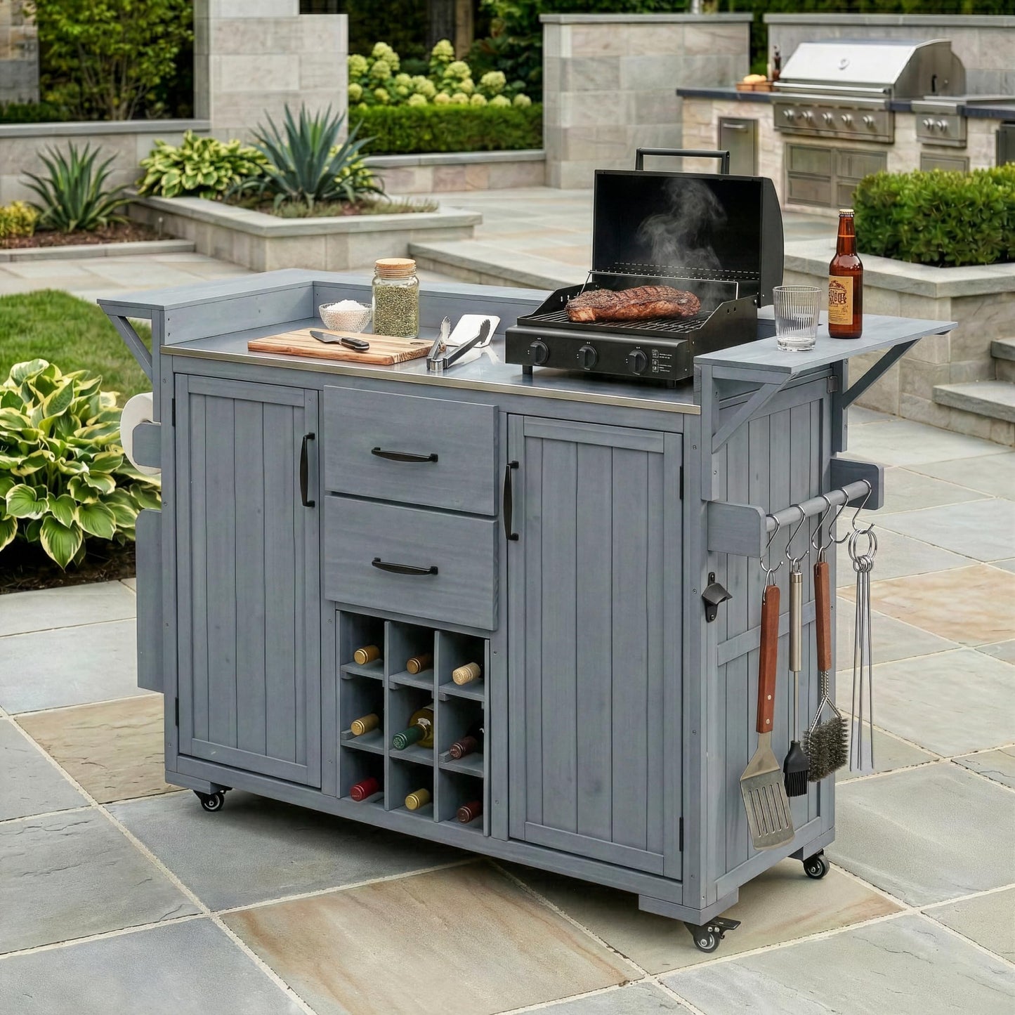 GDFStudio Elhill Patio Kitchen Island Cart with Extendable Top, Wooden Outdoor Storage Cabinet with Stainless Steel BBQ Prep Table Top, Wine Rack, Spice Rack, Drawers and Lockable Wheels, Gray