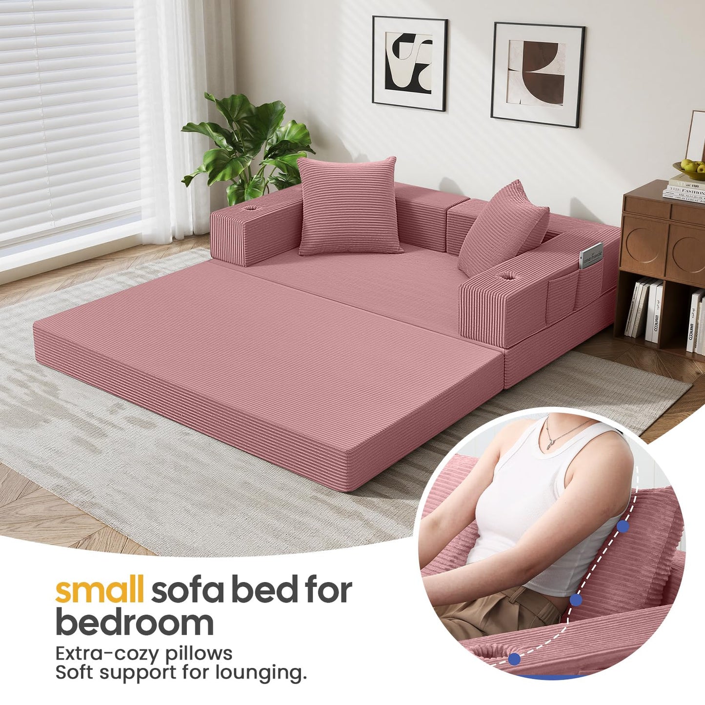 COMAX Futon Sofa Bed, 4‑in‑1 Convertible Sofa Bed, Folding Boneless Couches for Living Room, Fold Out Small Foldable Loveseat Floor Sleeper Comfy Mattress Lounge Space‑Saving, Pink