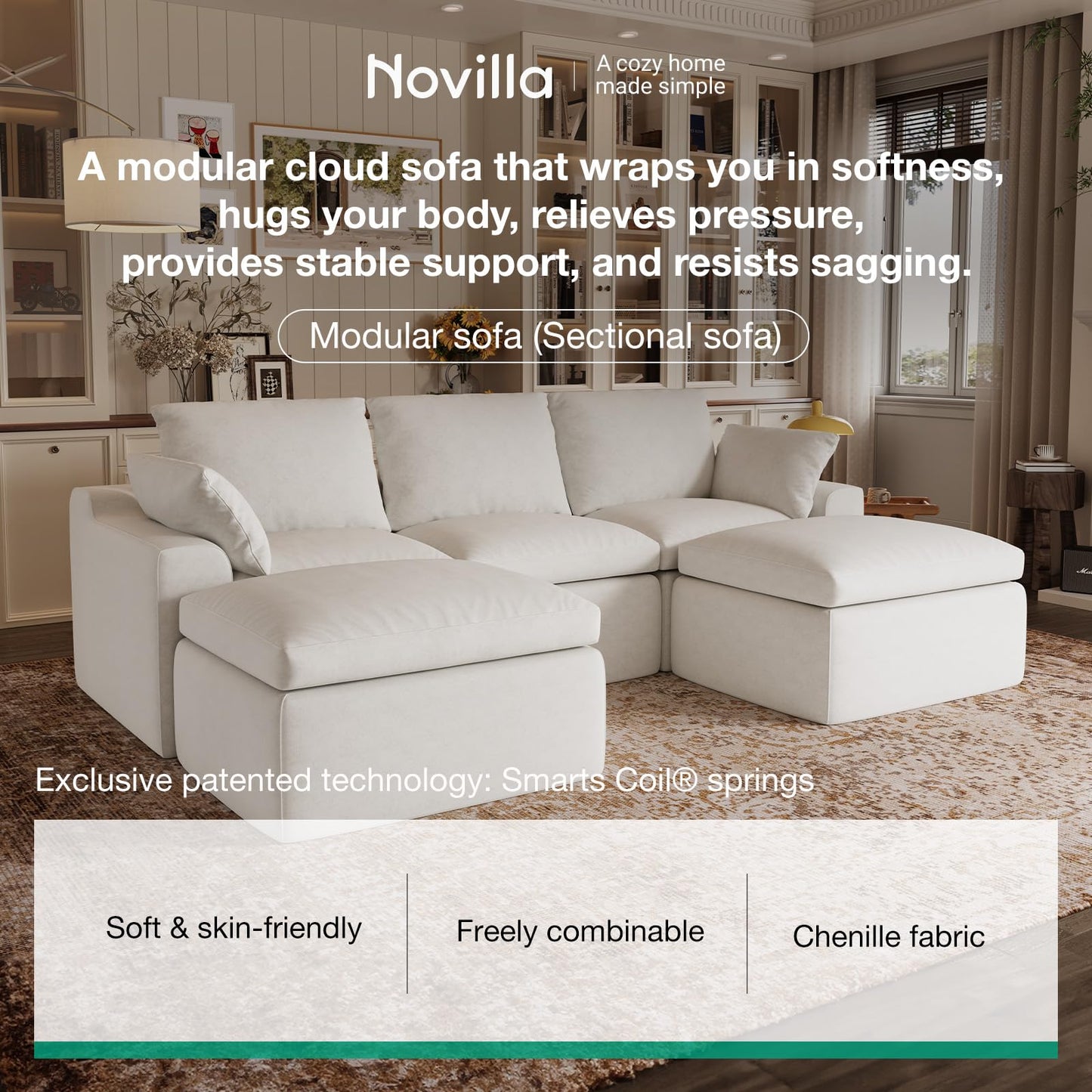 Novilla 104.3" Modular Cloud Couch, Modern Sectional Sofa with Smarts Coil® Support, Chenille Fabric, Upholstered Couch for Living Room Apartments Bedroom, No Assembly, 3 Seater + 2 Ottoman, White