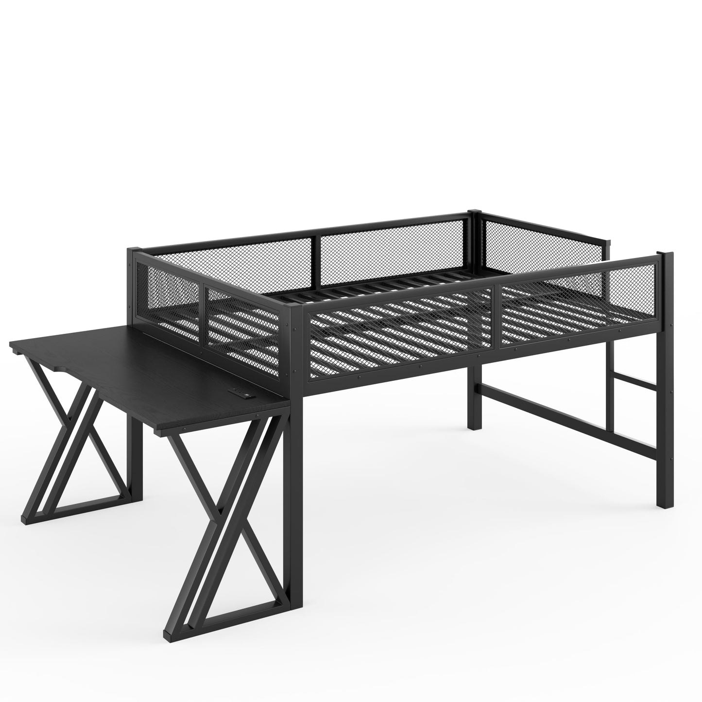 Bellemave Metal Full Low Loft Bed with Desk, LED Lights & Charging Station, Gaming Loft Bed Frame for Boys, Girls & Teens, Space-Saving Kids Full Loft Bed, Black