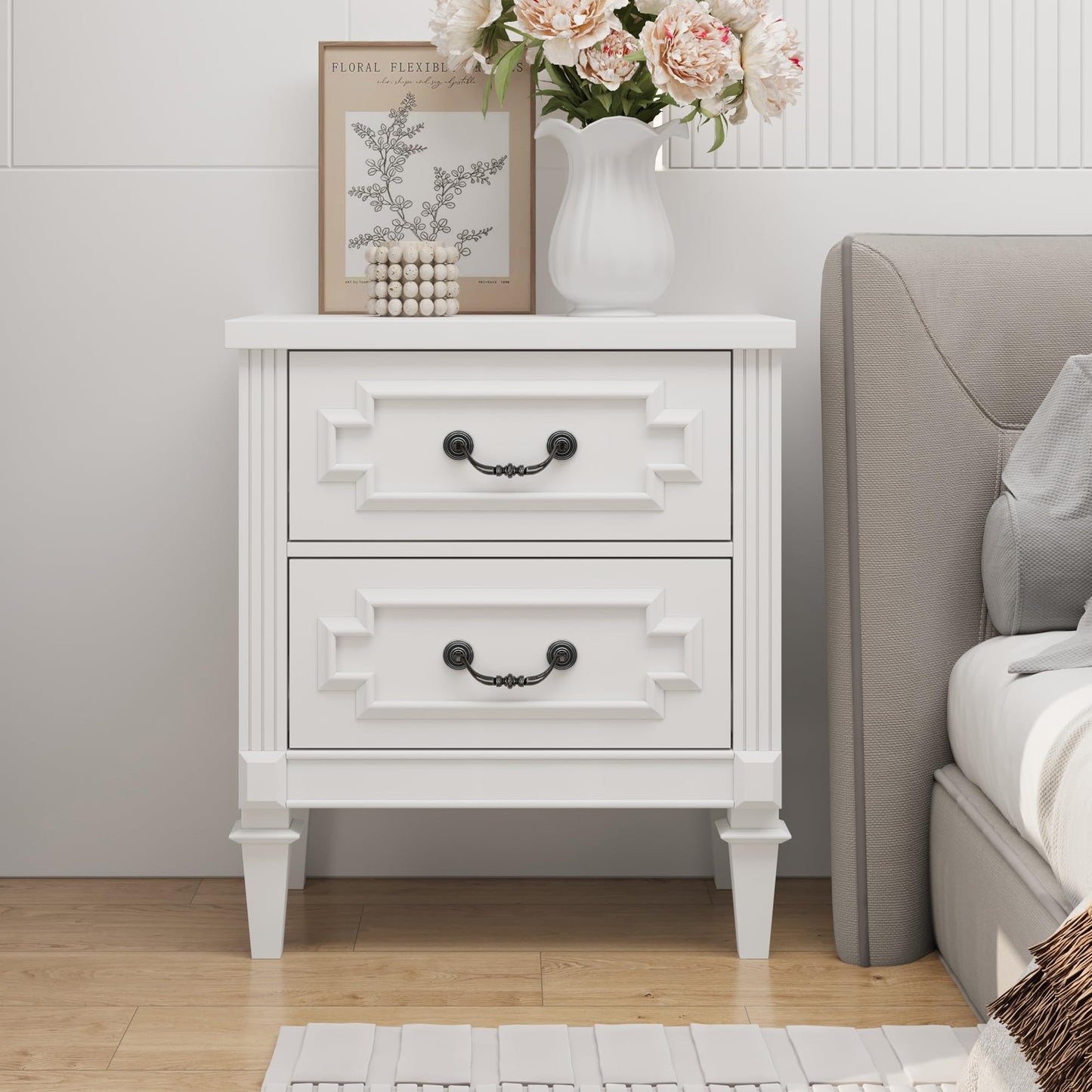BLANKSPACE Farmhouse White Nightstand wtih Vintage Surface, 26" Tall End Table, Side Table with 2 Drawers Storage Cabinet for Bedroom, Living Room
